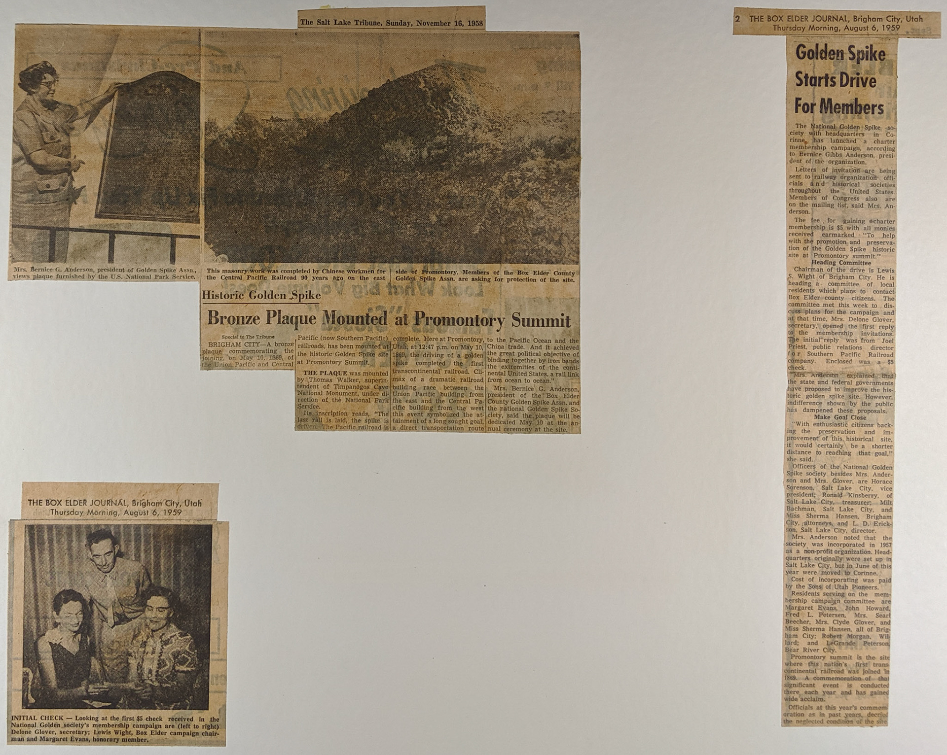 Newspaper clippings, Nov. 16, 1958 & Aug. 6, 1959. Bernice Gibbs Anderson Collection, NPS