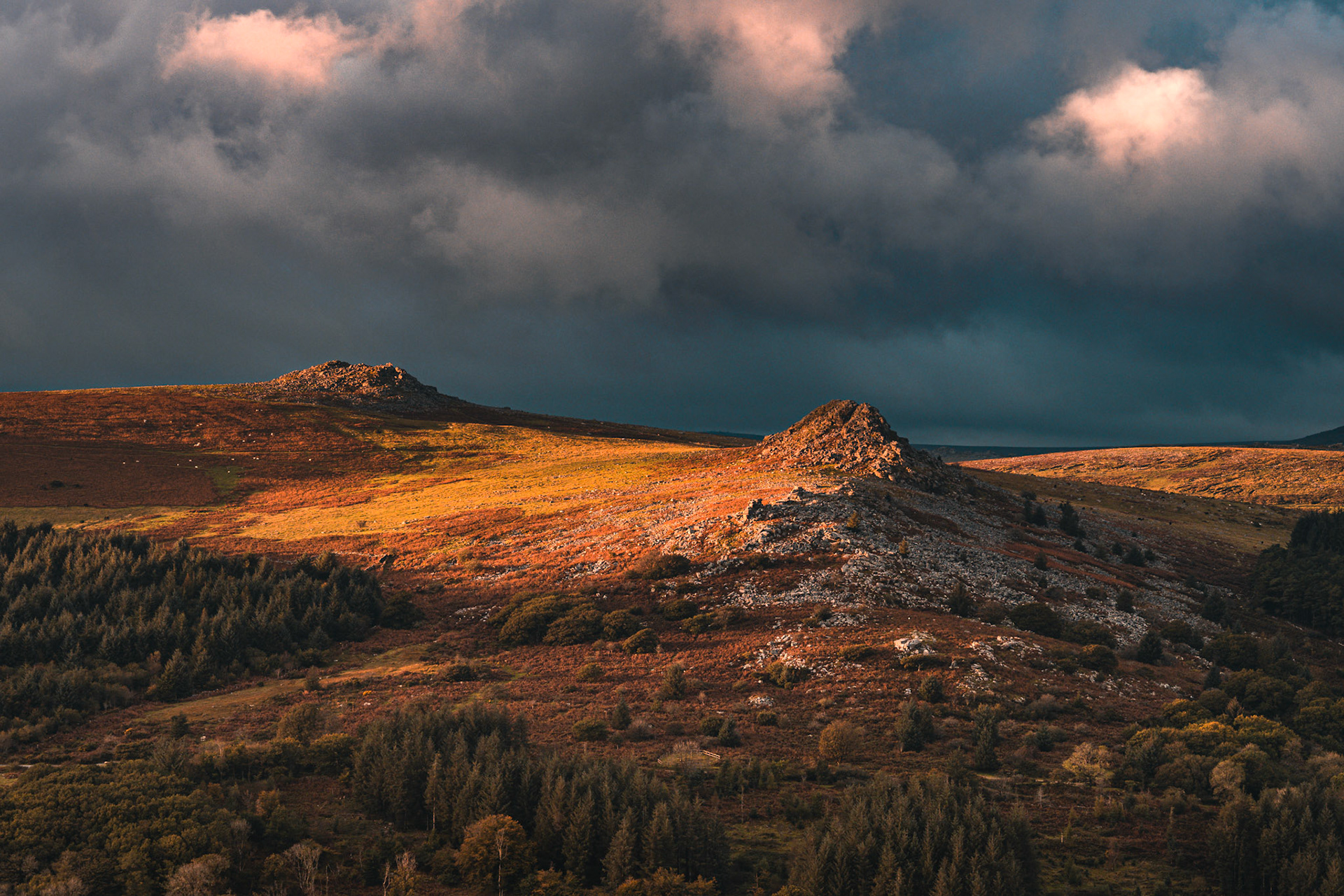 Autumn sunset over Leather Tor and Burrator Resevoir