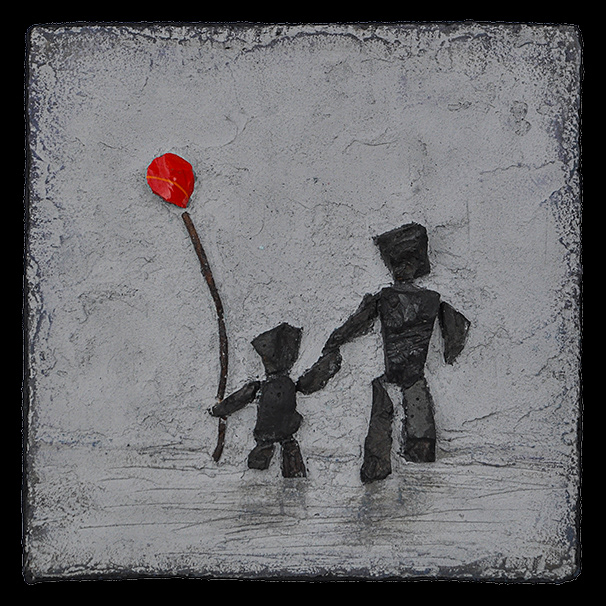 Guidance, 2019, 6" X 6", SOLD. Slag, smalti, metal wire, tinted thinset.