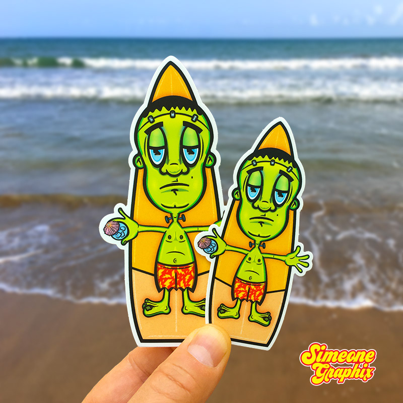 simeone graphix Frankenstein on a surfboard vinyl sticker