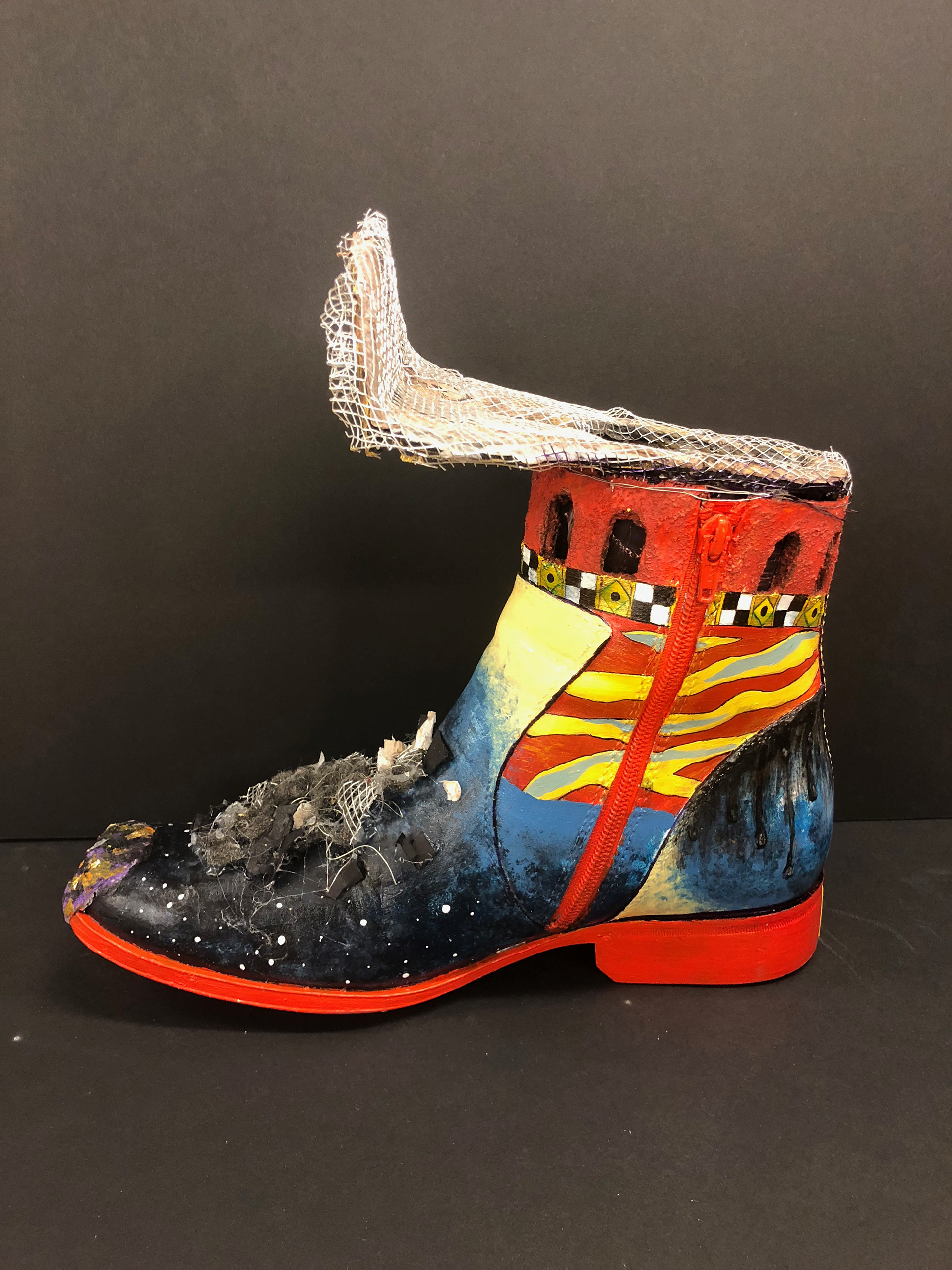 Assignment to design a boot influences my the movie The Fifth Element, a zebra, the Hagia Sofia, and Munch's The Scream.