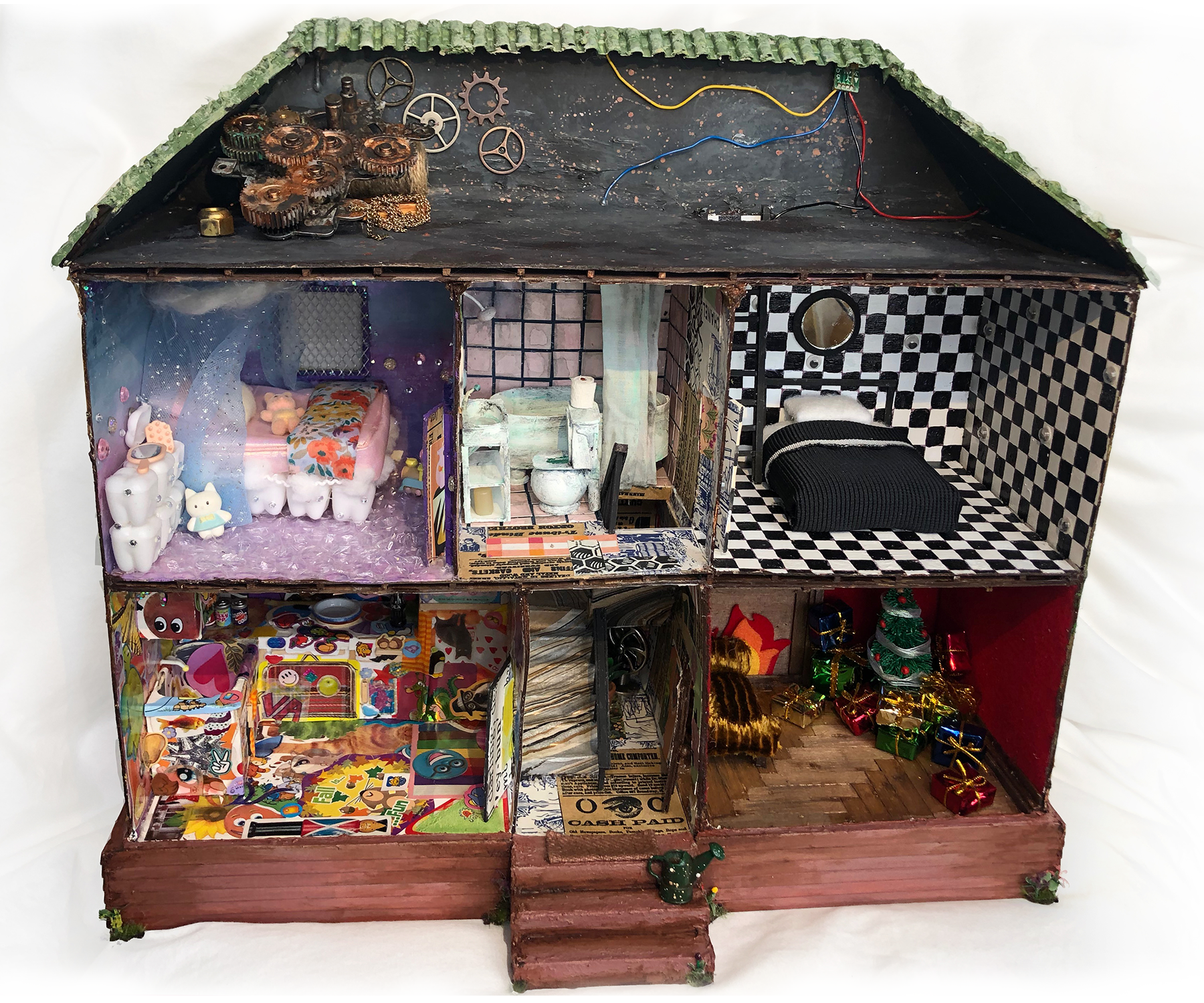 I built this dollhouse in the weeks immediately following my father taking his own life in the summer of 2018. Knowing I would move out of my childhood home of 18 years to never see it again, I paid respect to the space and the memories it held including its major final act of housing my father’s suicide. One month after his death, I left for my first year of college. Lost on how to manage the sudden suicide and immense grief, I turned to her creative comfort. The house encapsulates change depicting how my life used to be, my coming of age, my relationship with my parents and two siblings, the struggles of mental health, alcoholism, financial issues, and the years of pain and joy surrounding our family home. The house is not an exact replication but a detailed representation from my own perspective. Not wanting to waste leftover artistic materials as I moved, I used them all in this house. I bought nothing new for the creation connecting to my strive to be sustainable while also using materials from my life before the death. Dedicated to Wilton White, victims, and survivors of suicide.