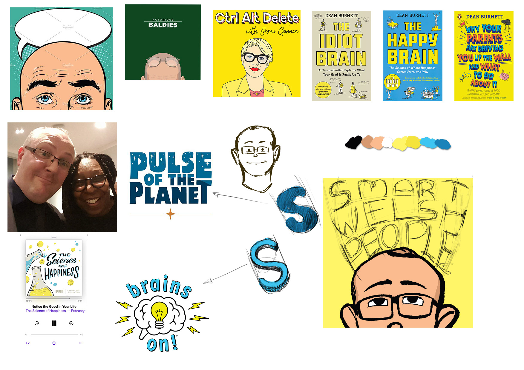 Idea 1 Style based from your book covers- using the bold yellow and blue (for text) and introducing a quirky illustration