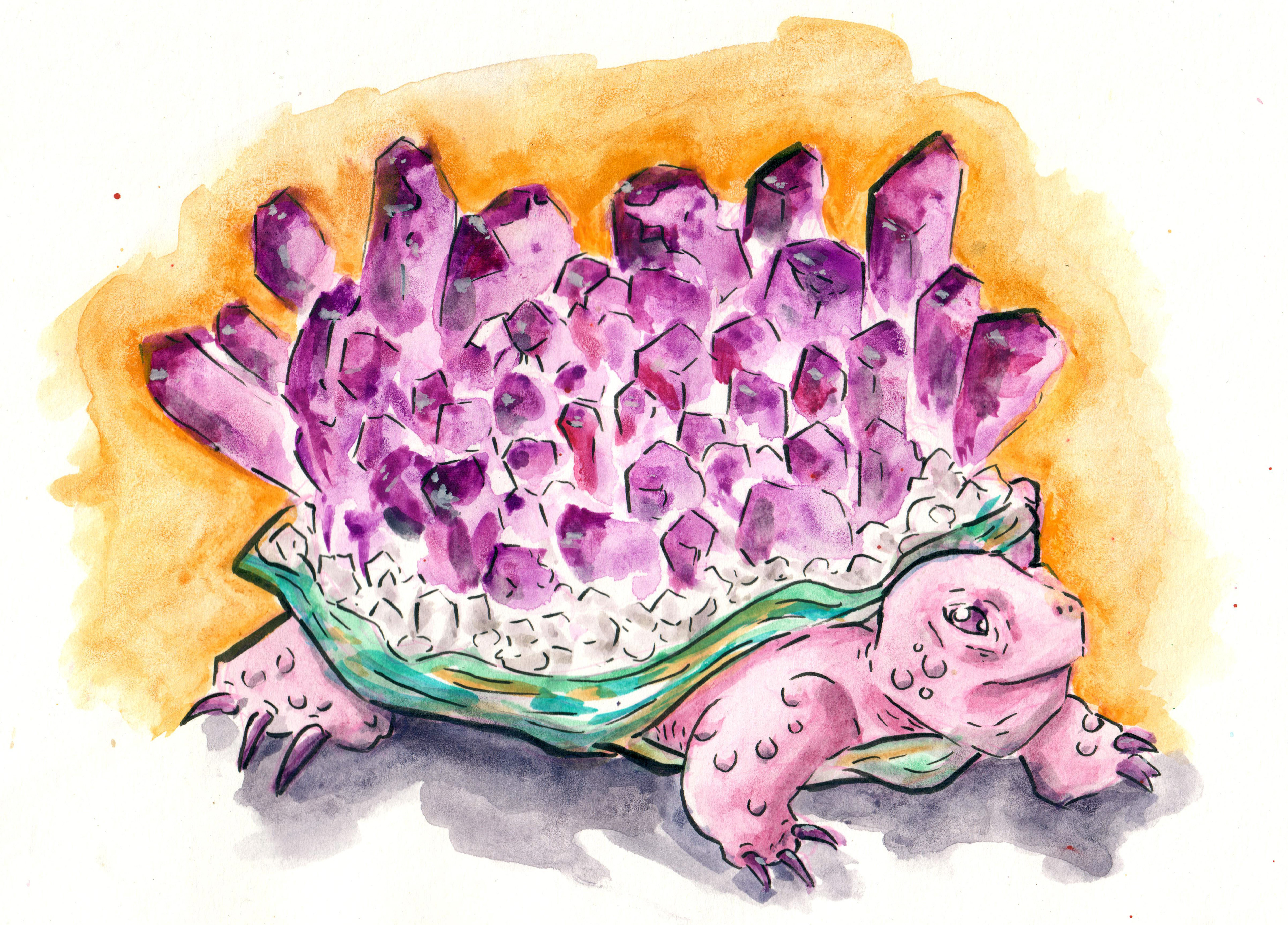 Watercolor of purple turtle with an amethyst geode shell.