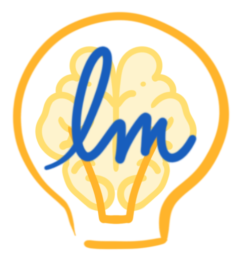 Light bulb with brain logo, with the artist's initials "lm" in blue filament.