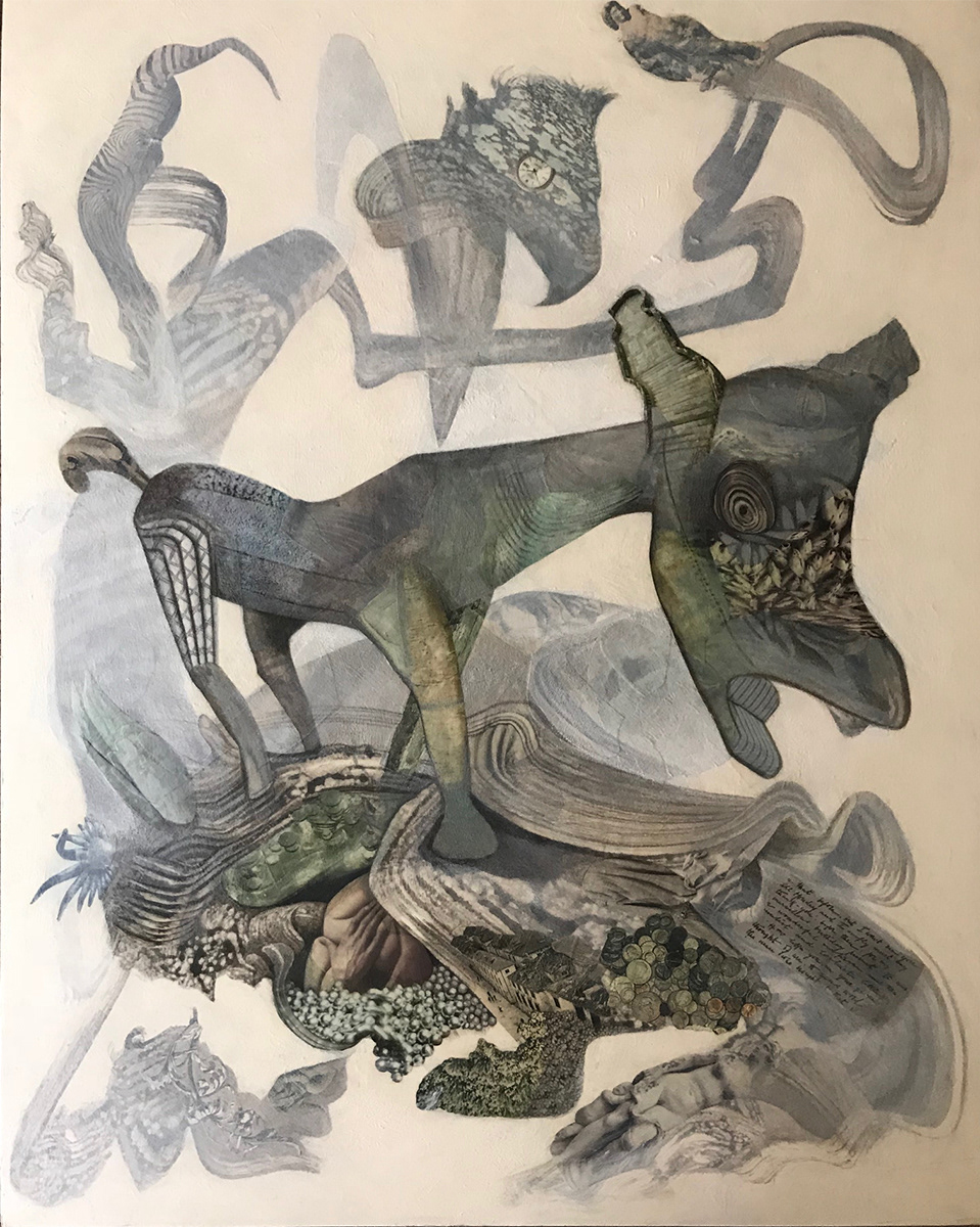 davidmball “Donkey”, 36”x48”, collage, acrylic, colored pencil on wood panel, #davidmball, #available #purchase, Message me at ball.david@sbcglobal.net.