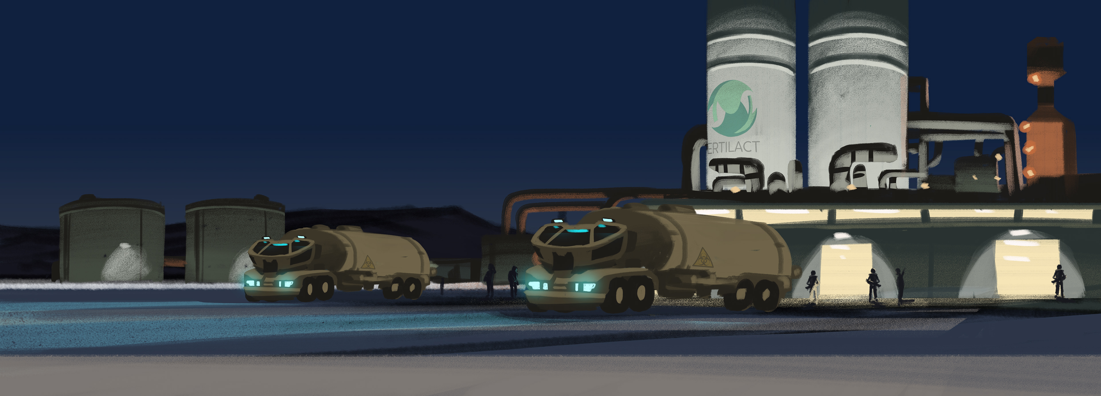 Exterior of a factory creating an experimental and potentionally weaponisable fertiliser. Futuristic military trucks are standing outside and soldiers are guarding the perimeter.