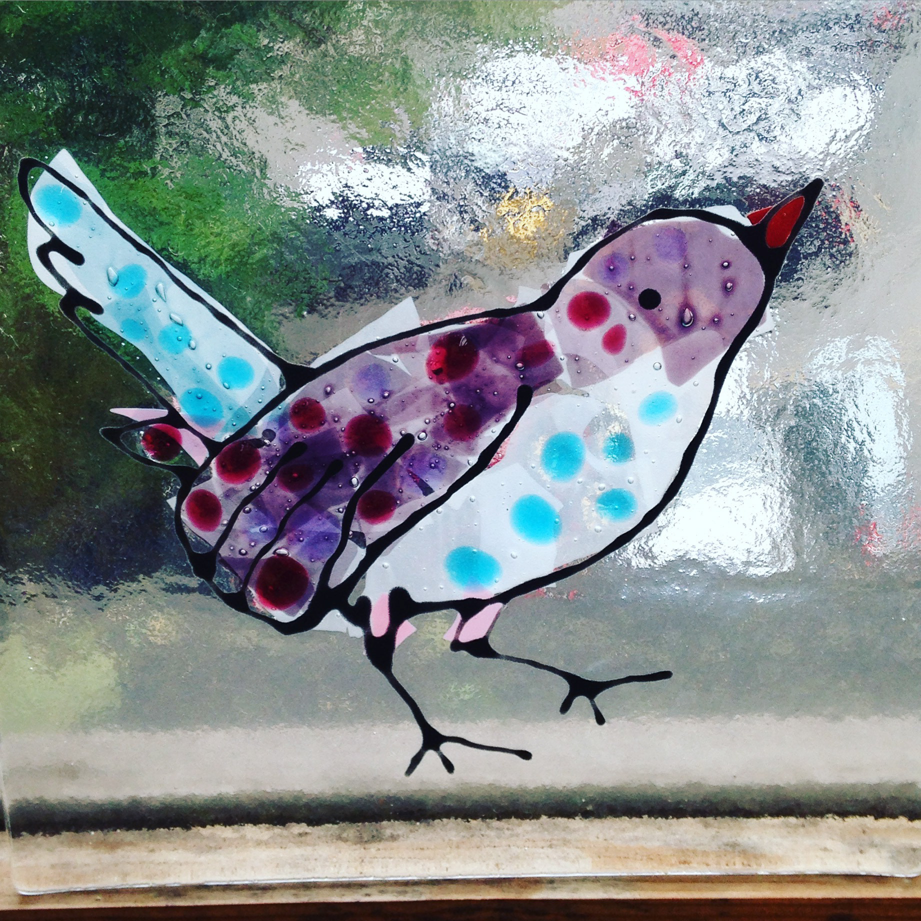Fused and stained glass birds tile. Kiln fired. Made by Zoe Eady at the Glass Garden, Leeds. Purple