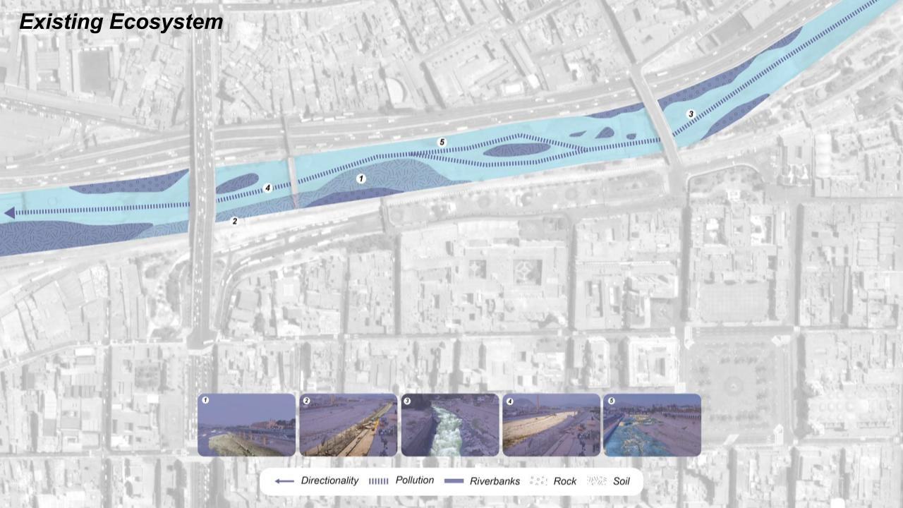 The existing ecosystem lacks abundant plant life but includes seasonal riverbanks made of mostly soil and rock. There are potentially high water levels and fast currents during the wet season. So we propose a reintroduction of plant life and rock formation to help improve pollution and break up currents. Community engagement and aware- ness programs of the Rimac would be critical to the project’s long-term success.