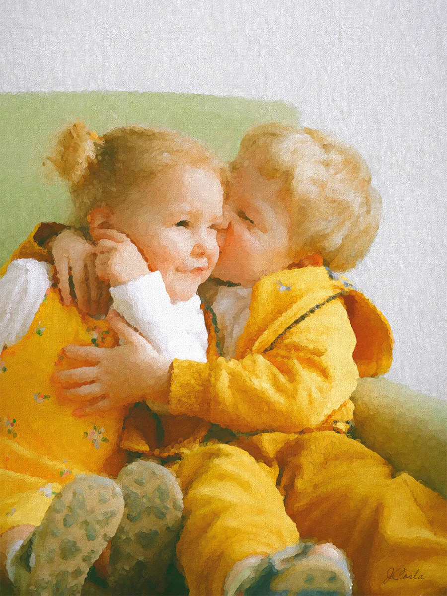 painting style image with a little boy kissing a little girl