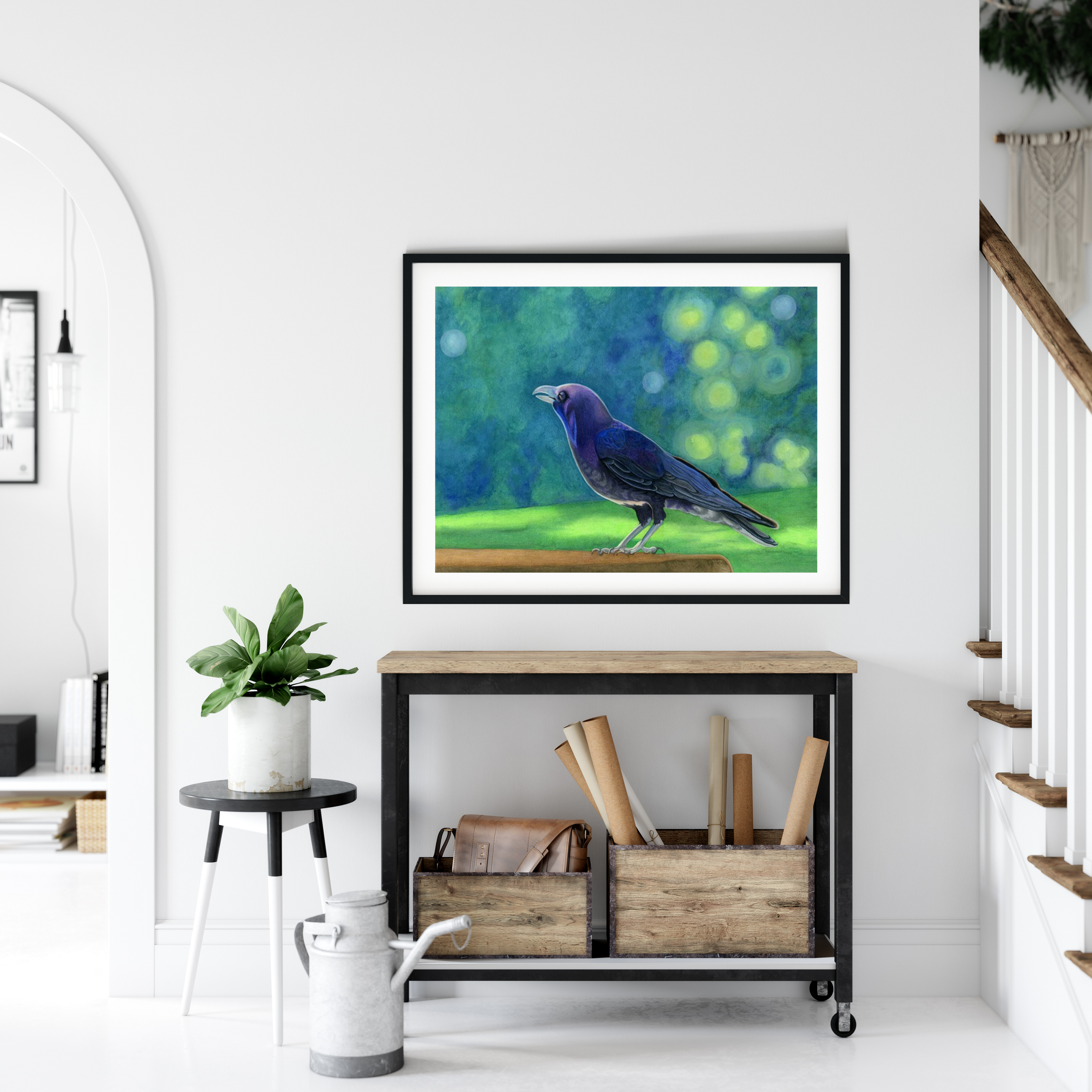 crow art, crow watercolor painting, crow giclee print, crow fine art print, crow colored pencil art, crow wall decor, crow drawing, Georgia Edwards Art, Soul Sound Creative, bird art, bird decor, bird print, bird fine art print