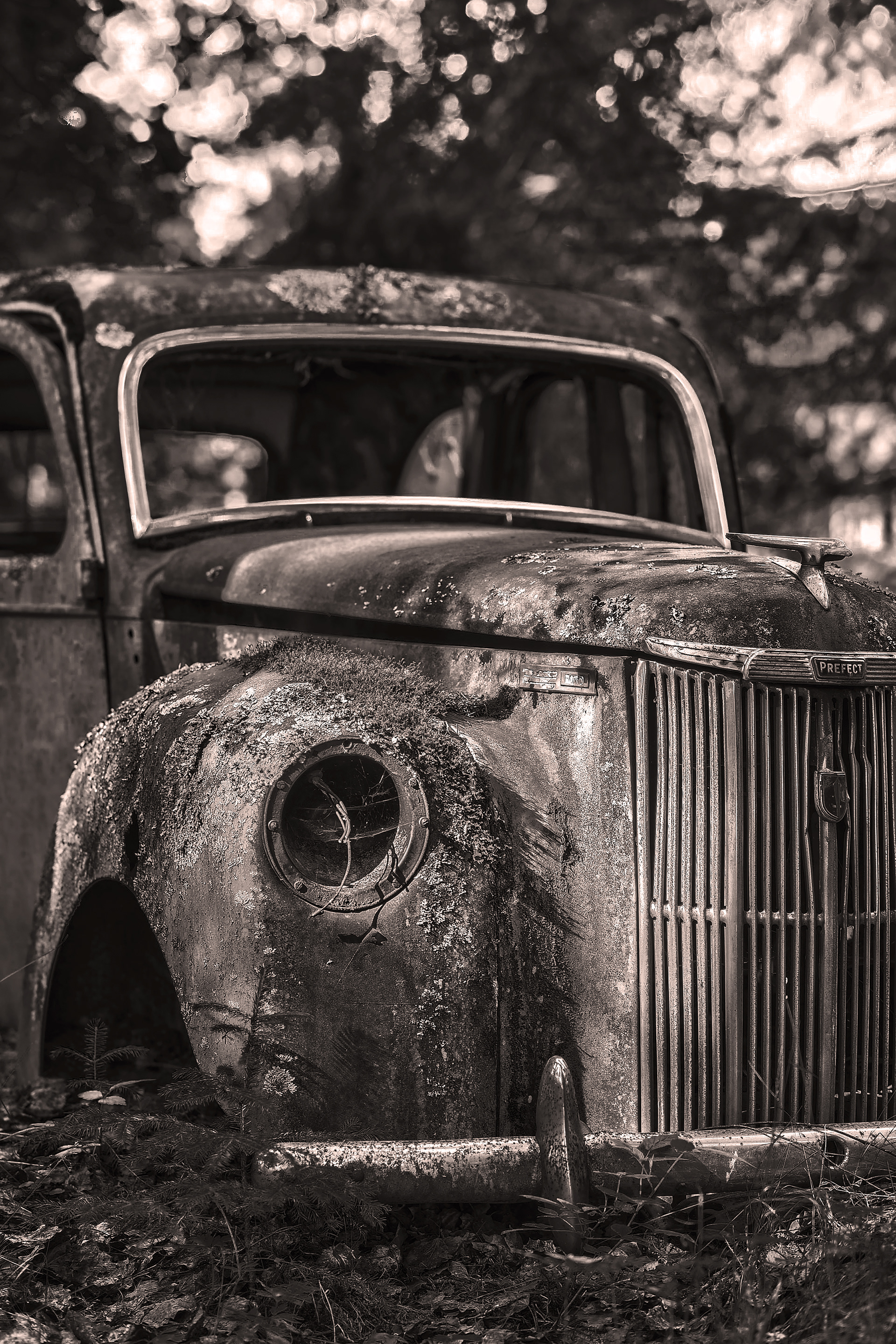Front of old decaying rusty vintage Ford prefect. Short depth of field in black and white
