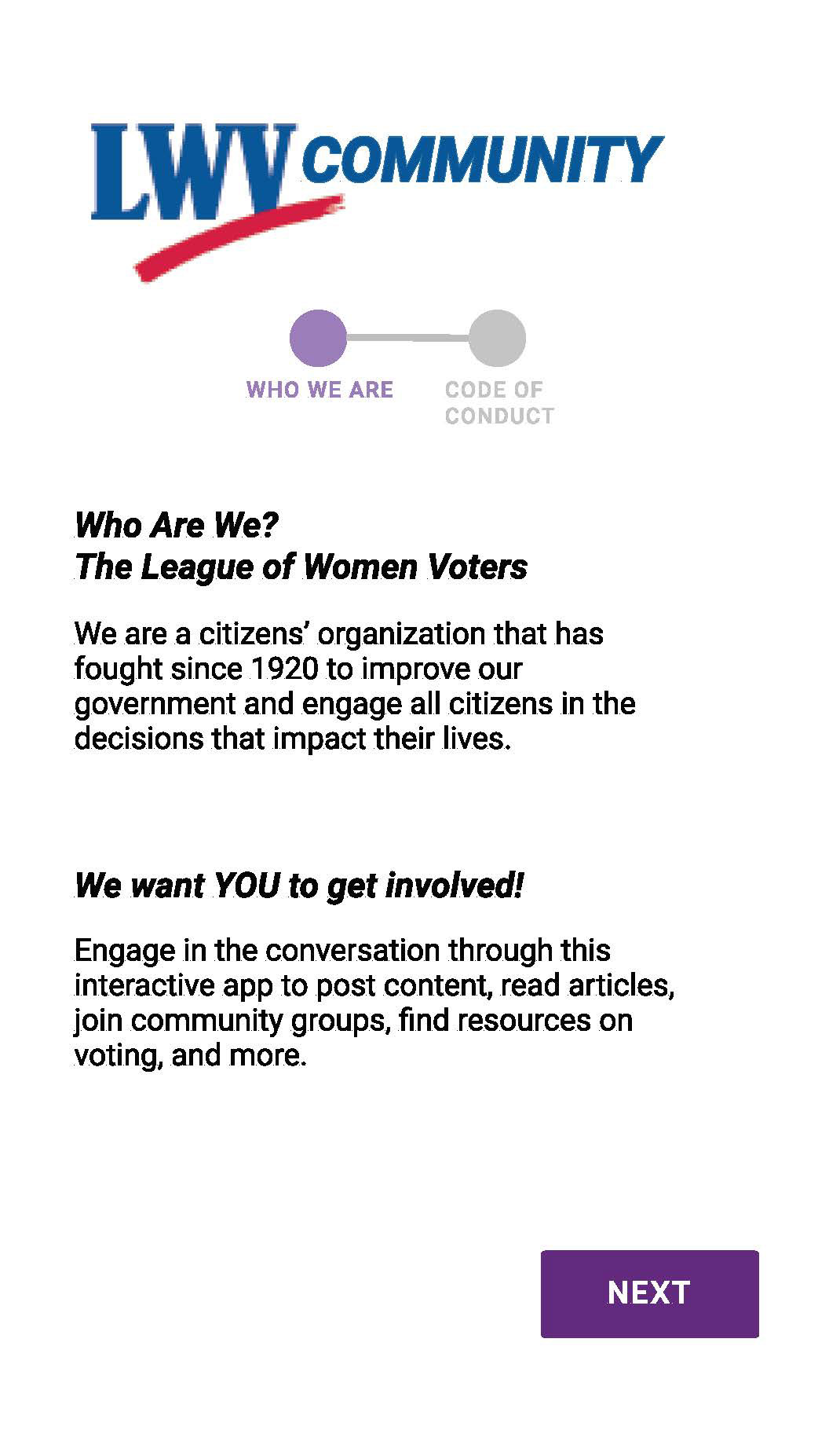 Brief onboarding screens introduce a new user to the League of Women Voters