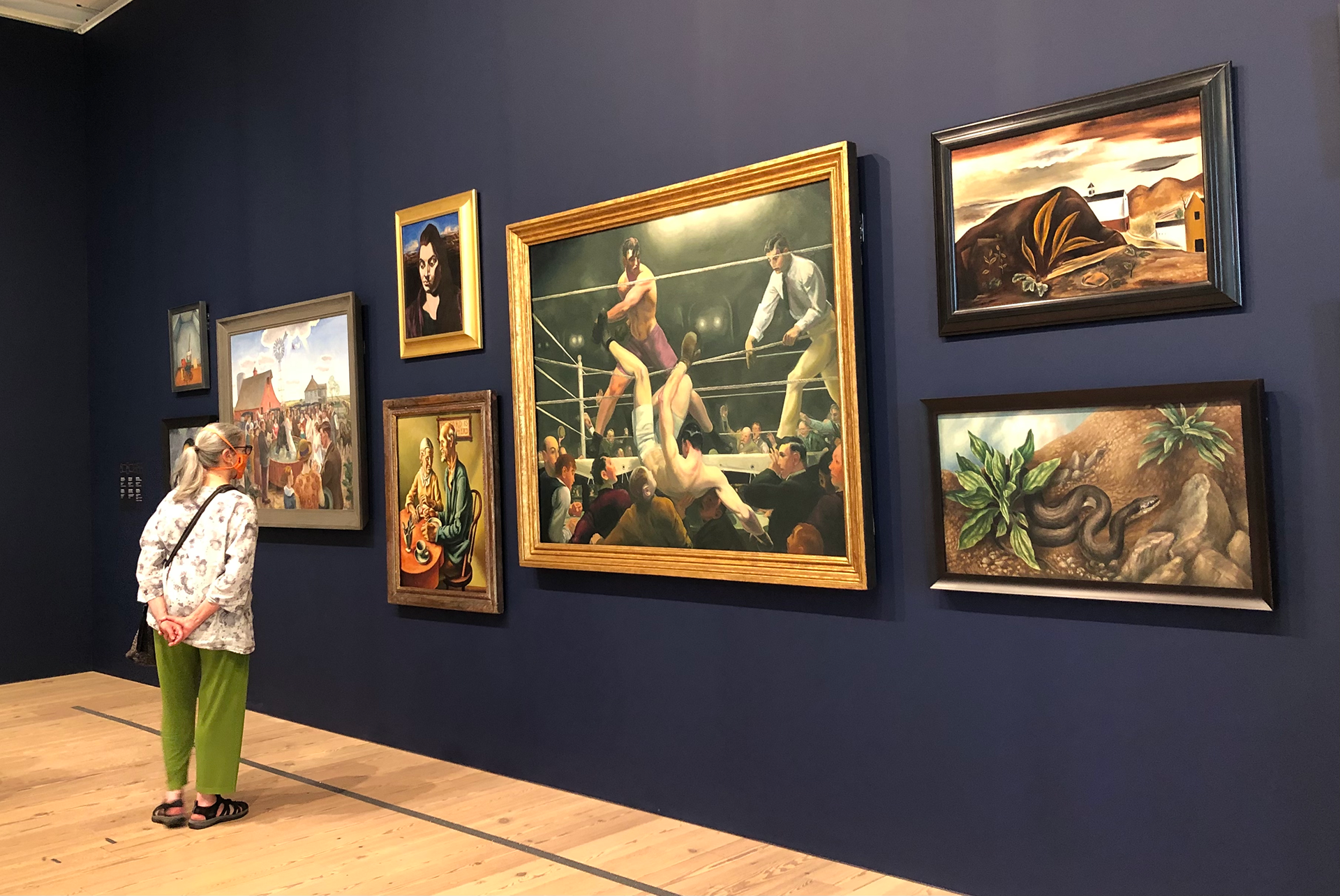 left to right, top to bottom: Madeline Shiff, Wiltz at Work, 1932; Anne Goldthwaite, Rebecca, c. 1925; George Bellows, Dempsey and Firpo, 1924; Yasuo Kuniyoshi, Landscape, 1924; Katherine Schmidt, The Snake, 1932; Oscar Bluemner, Last Evening of the Year, c. 1929; Stuart Davis, Early American Landscape, 1925