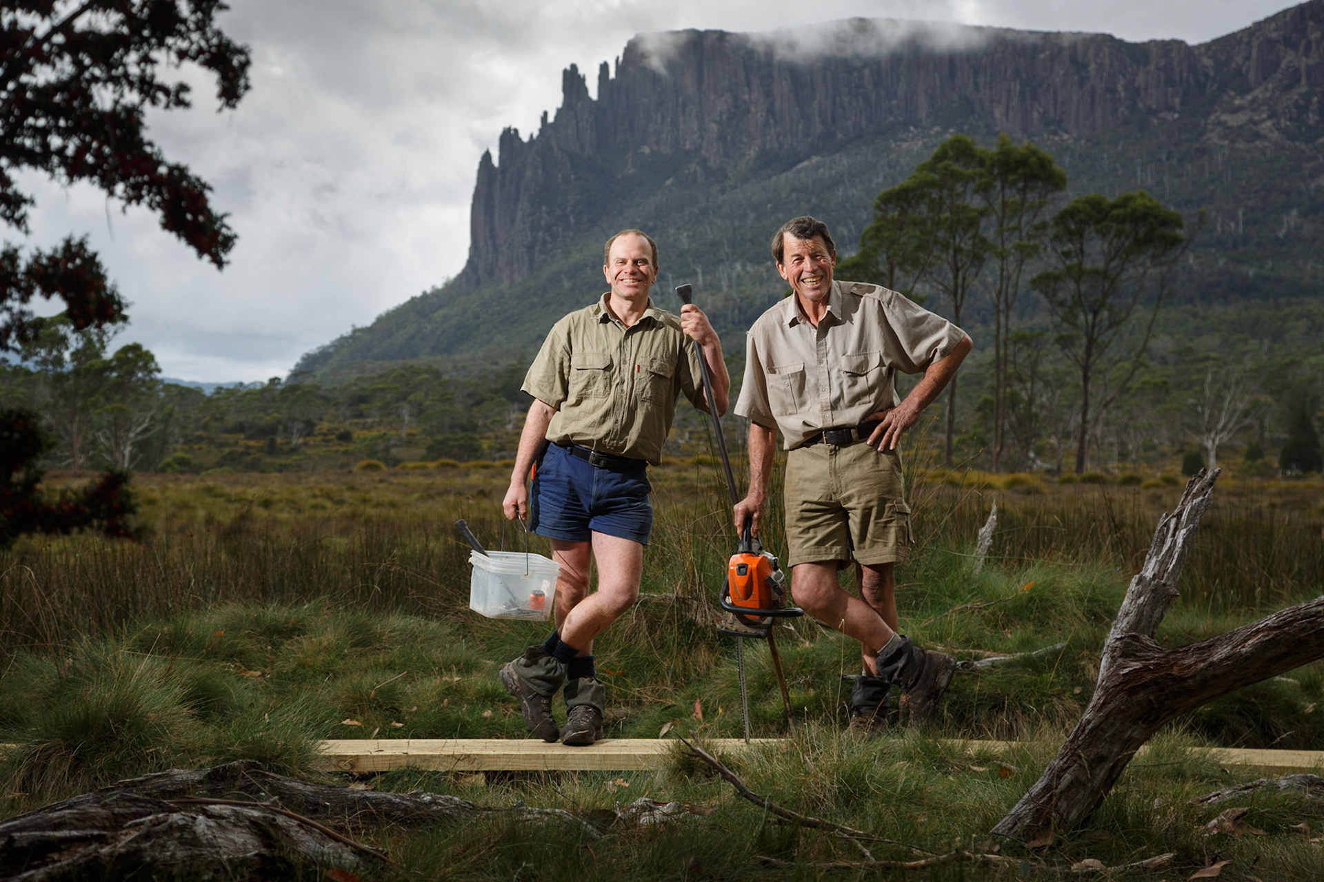 Track workers Rob Boyes and Rob Zunus worikng on The Overland Track near Pelion Hut in Tasmania2014
