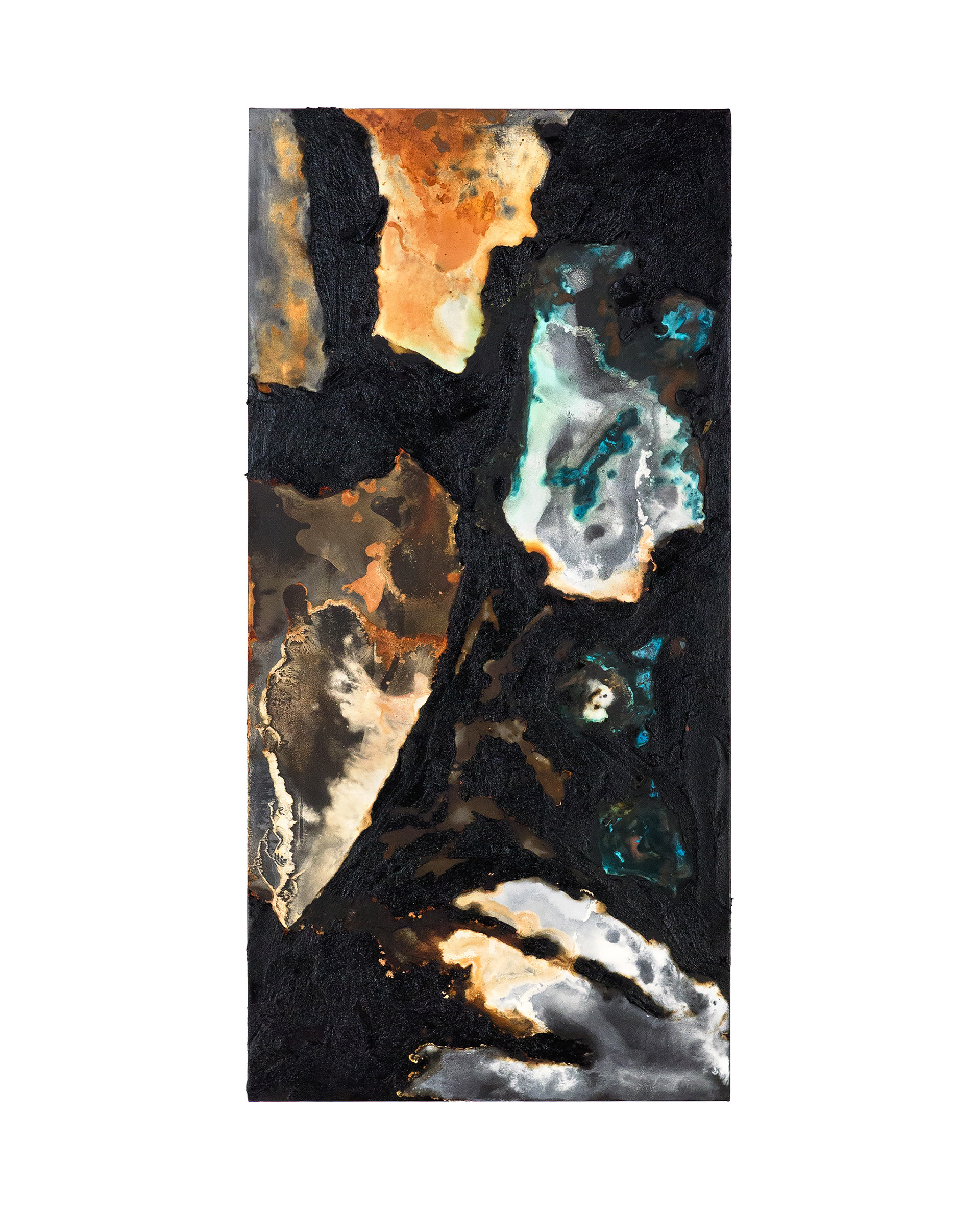 Tailings Pond 13 - 125 x 61 cm - 2018 - emulsion paint, bitumen, plaster of Paris, copper, iron, salt, ammonia, acid and synthetic resin on canvas mounted on wood