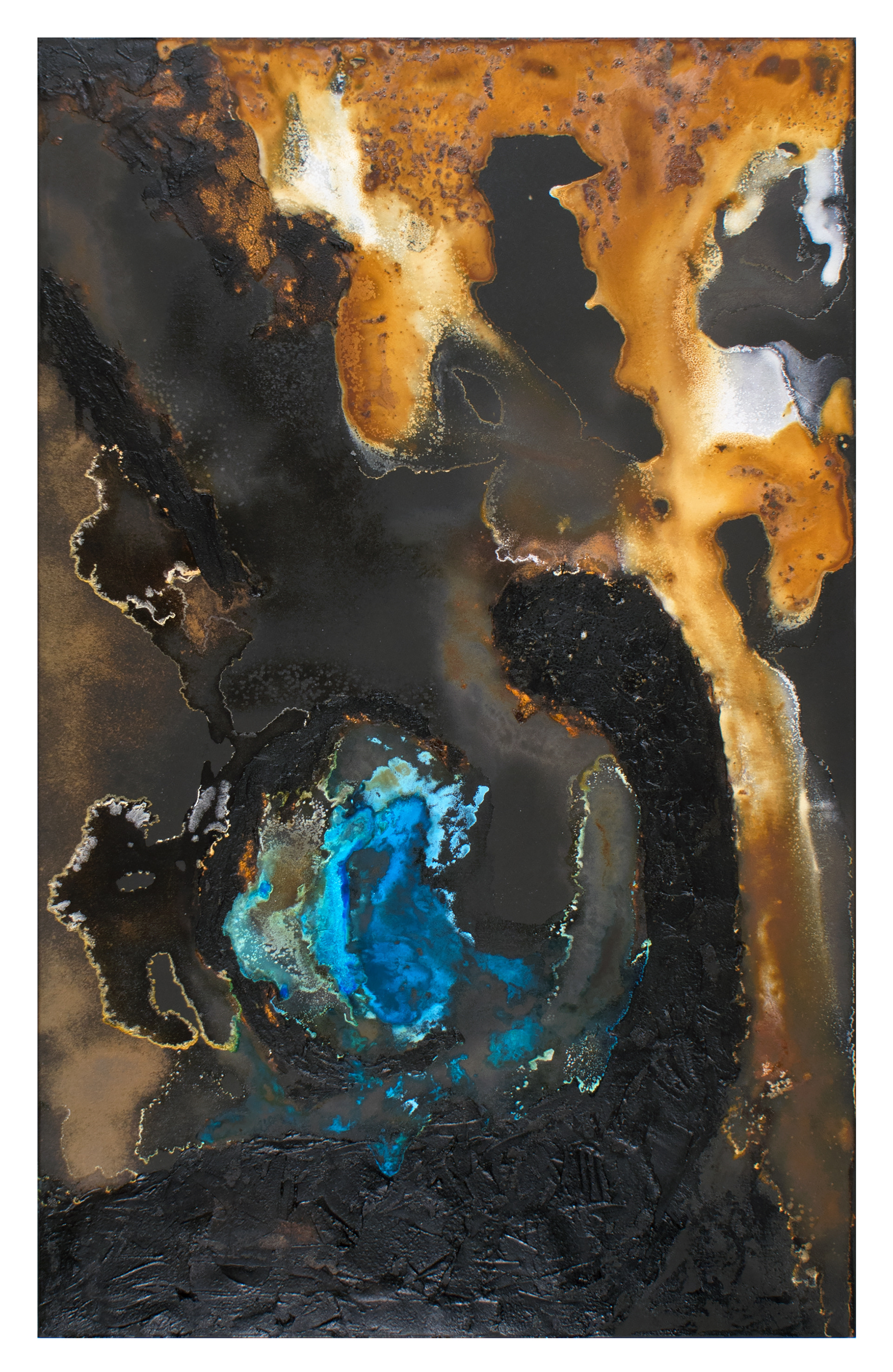 Tailings Pond 6 - 135 x 85cm - 2017 - emulsion paint, bitumen, plaster of paris, copper, iron, salt, ammonia, acid and synthetic resin on canvas