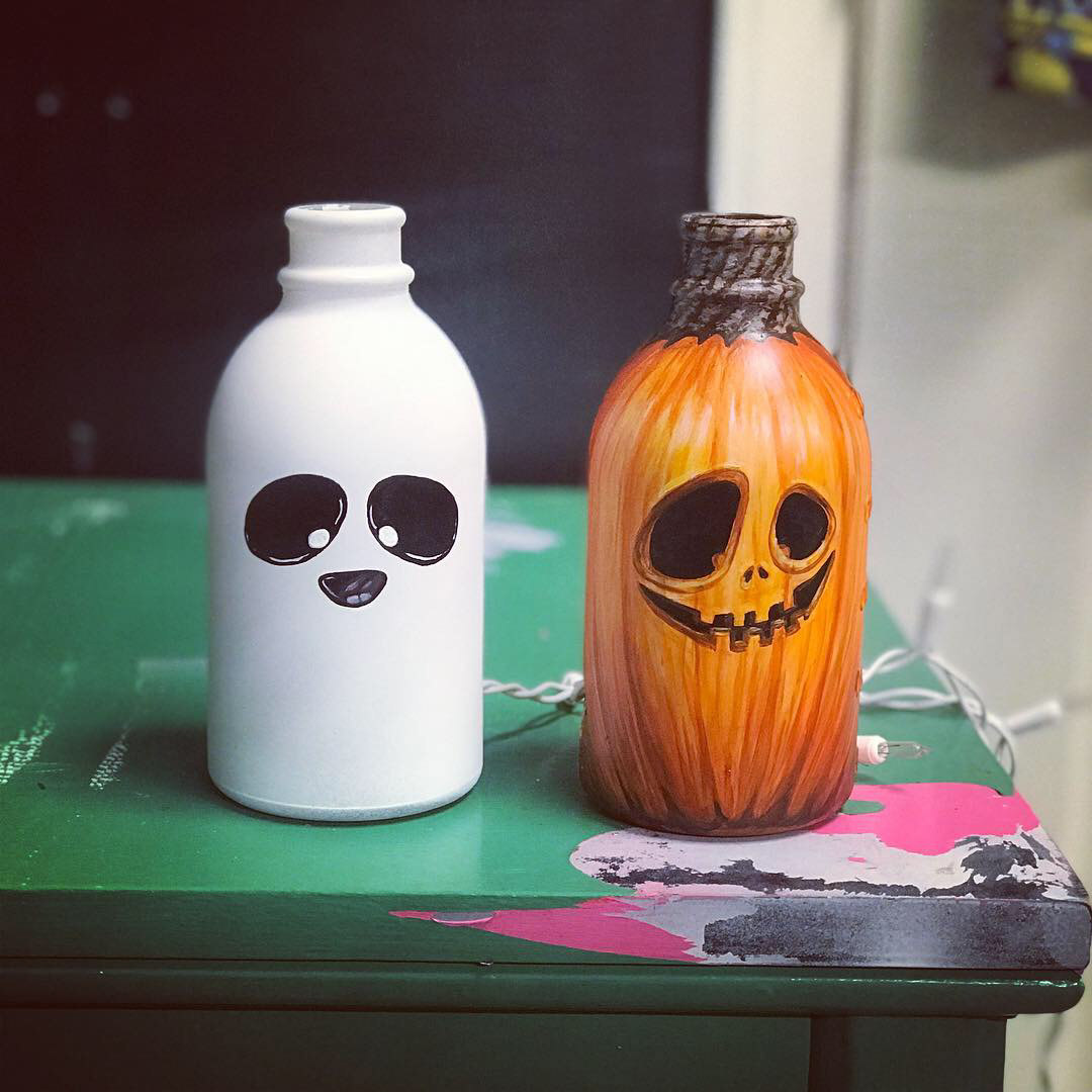 Halloween-Themed Illuminated Bottle Painting, Acrylic on Glass 2018