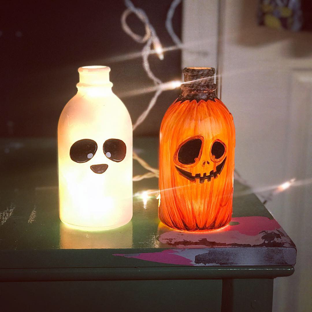 Halloween-Themed Illuminated Bottle Painting, Acrylic on Glass 2018