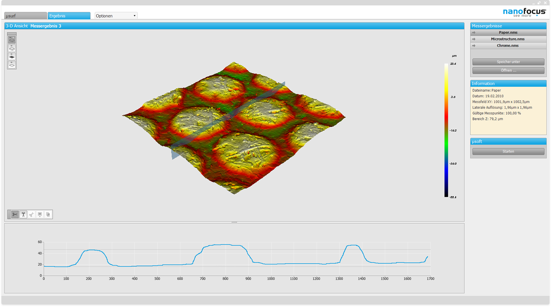 Darstellung Messergebnis als 3D Modell und horizontaler Schnitt
