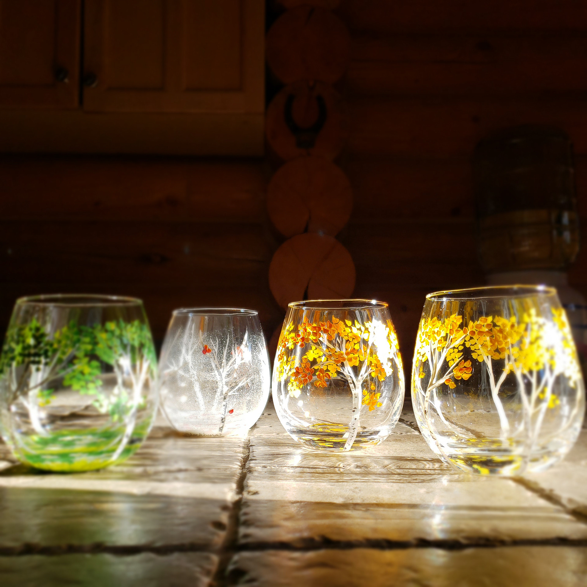 Aspen Trees on Stemless Wine Glasses
