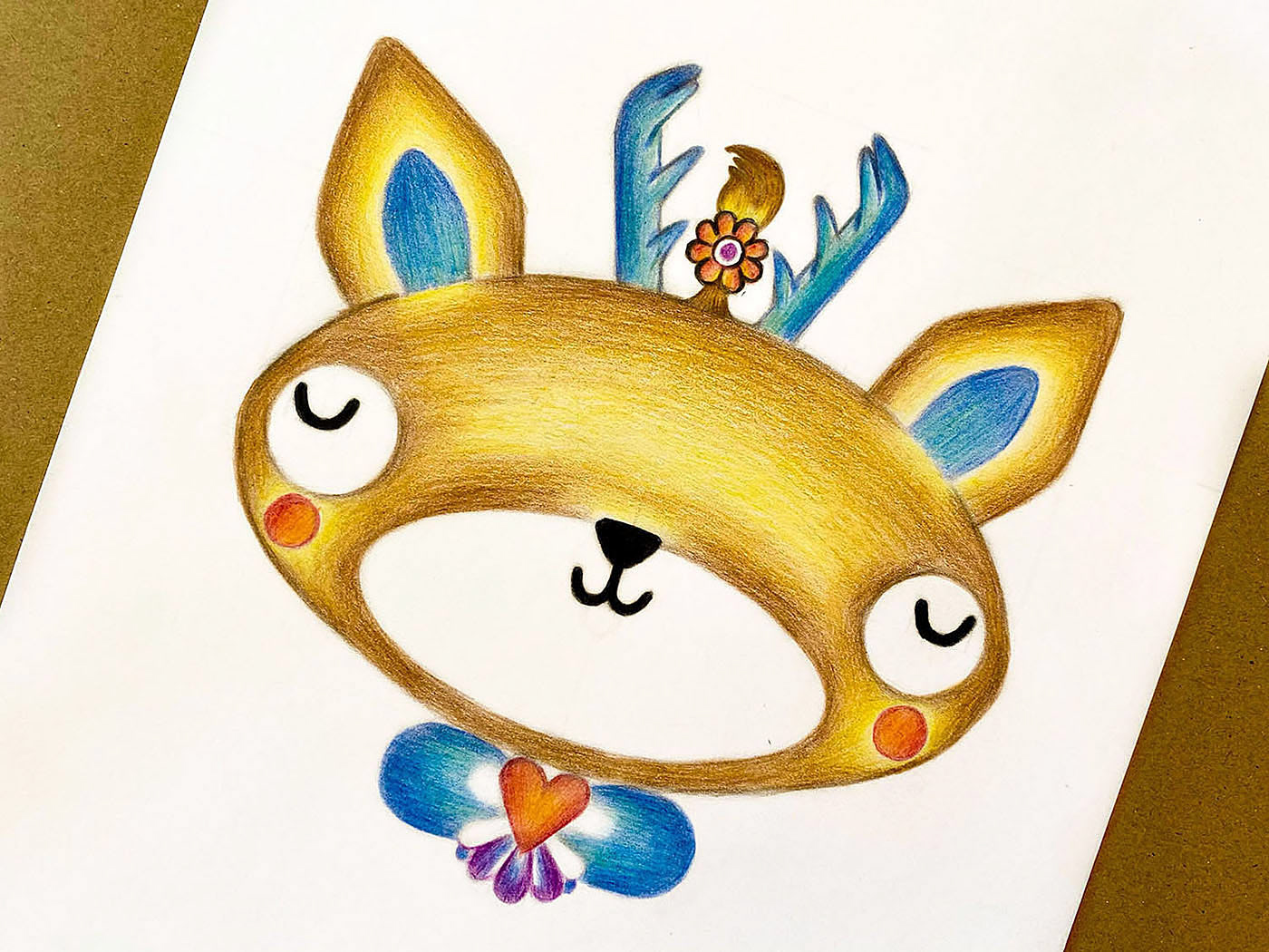 Female Deer Drawing, close up detail on paper.