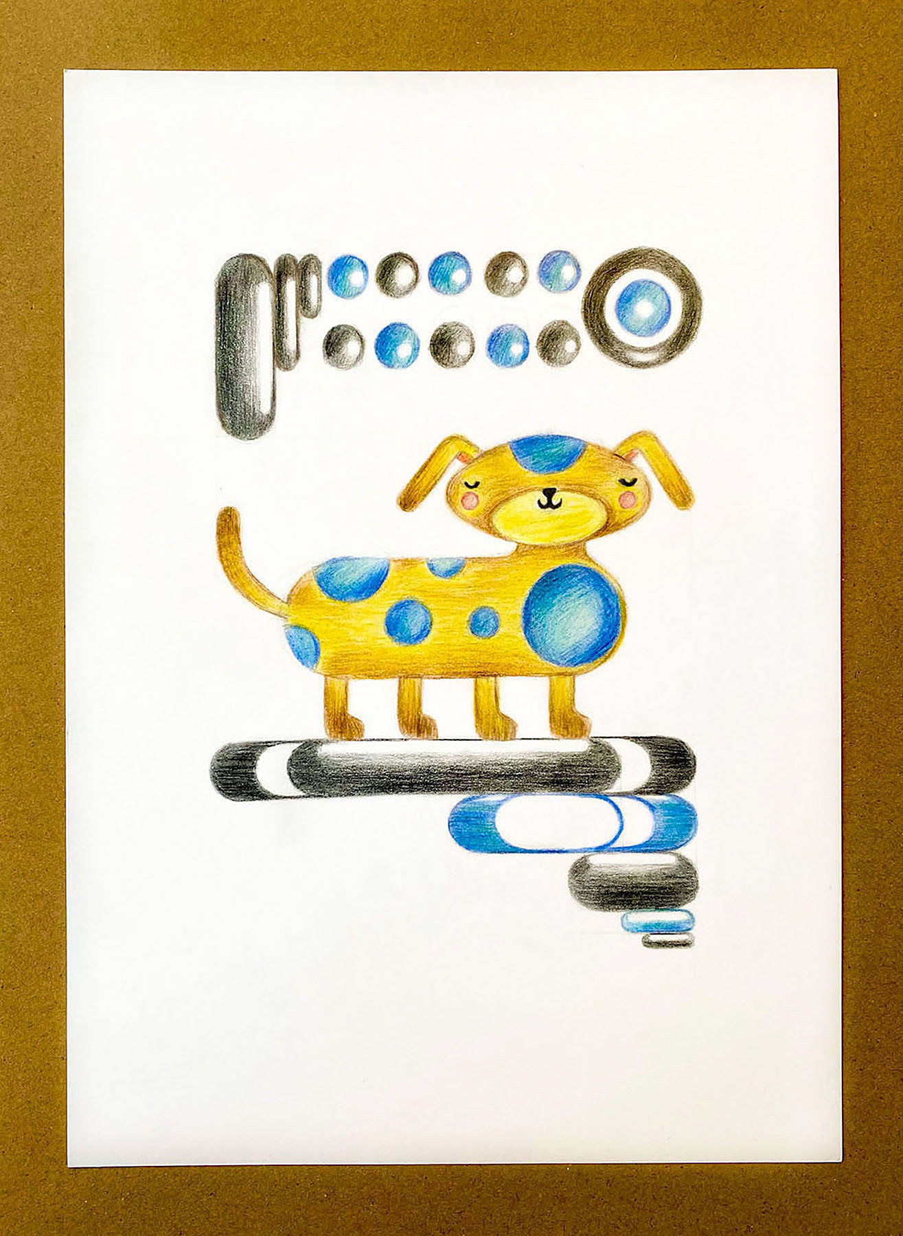Yellow and Blue Puppy Drawing, graphite and coloured pencils on Bristol pad paper, 29.7 x 21 cm, 2020.