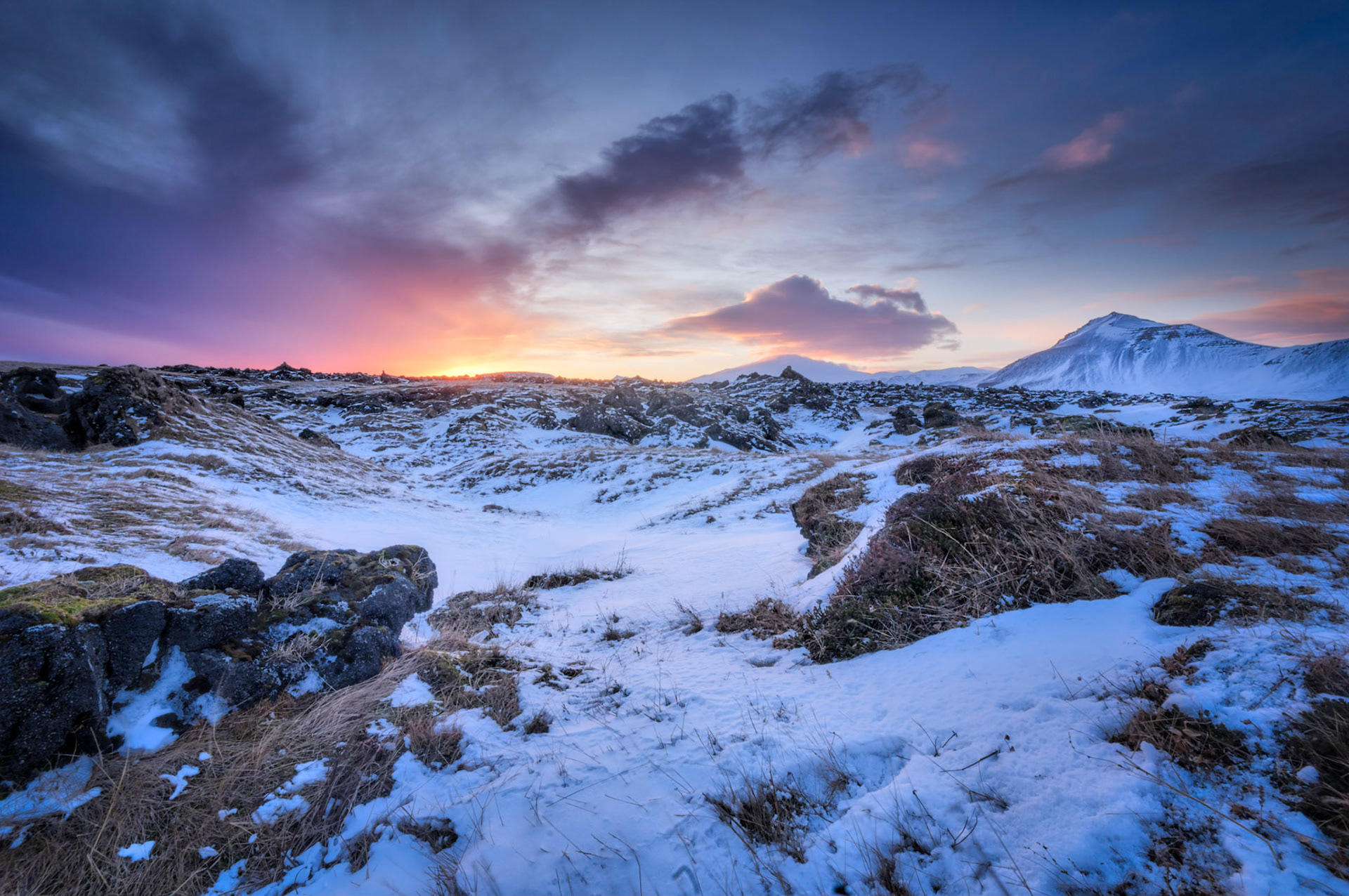 Sunset near Búðirkirkja on the Búðahraun lava fields of the  Snæfellsness Penninsula.Vesturland, IcelandFebruary 6, 2016This is an HDR image consisting of 5 exposures merged in Photomatix Pro. Additional processing in Lightroom and Photoshop.PENTAX K-3, Sigma 10-20mm f/4-5.6 EX DCISO 100 10 mm  1.3 sec at ƒ / 22