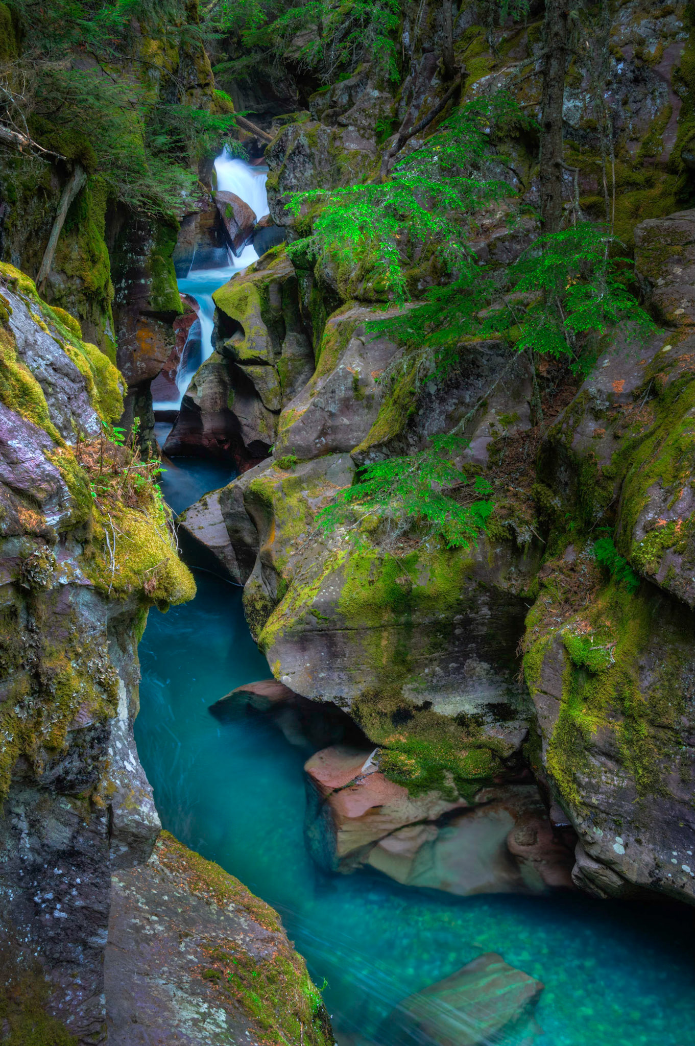 Avalanche Falls, at the base of the Avalanche gorge.  Glacier National ParkJuly 27, 2015This is an HDR image consisting of 5 exposures merged in Photomatix Pro. Additional processing in Lightroom and Photoshop.PENTAX K-3, Sigma 18-250mm f/3.5-6.3 DC OS HSMISO 100 28 mm  0.8 sec at ƒ / 11