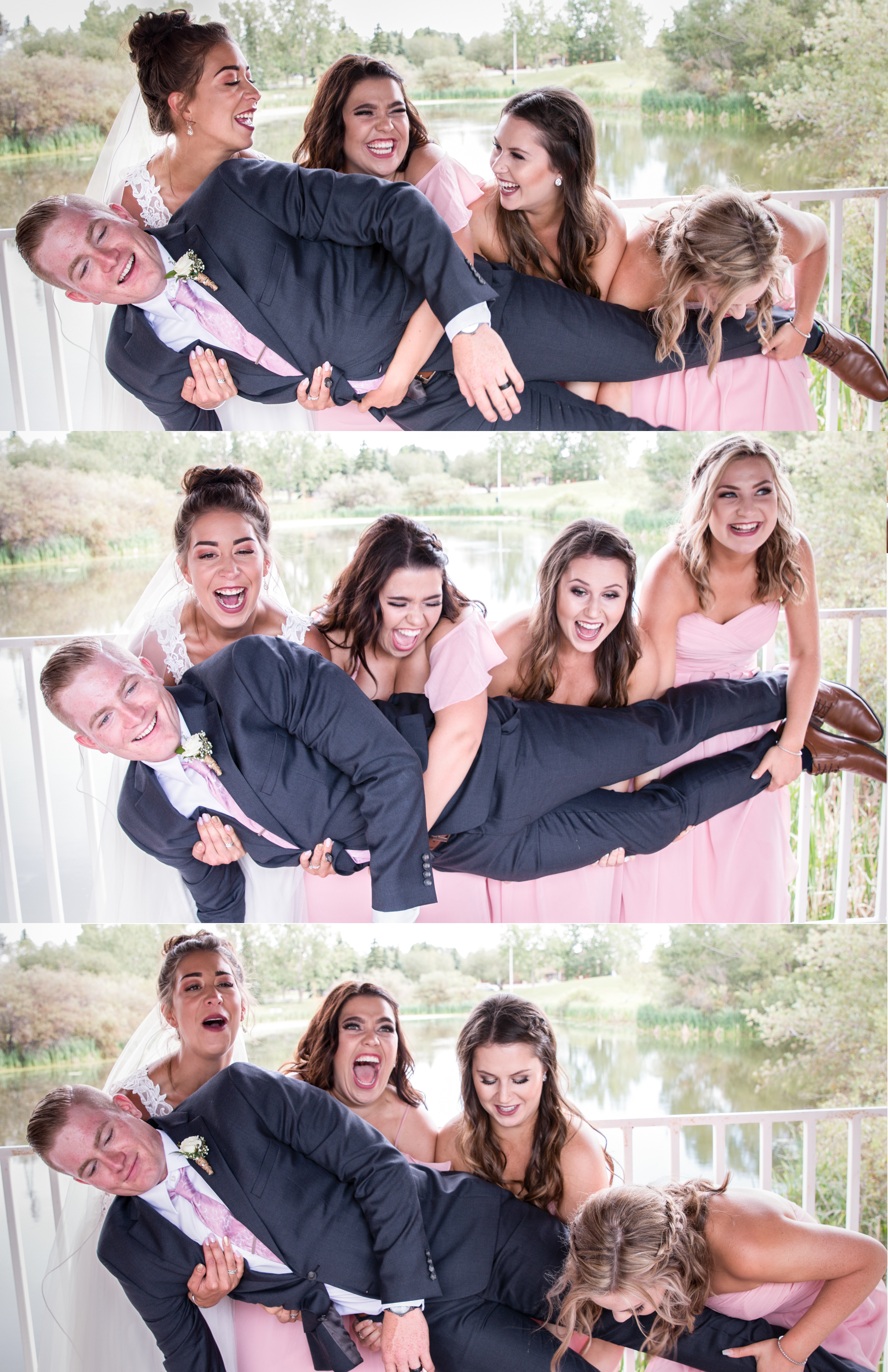 Bridesmaids picking up the groom in the summer in Edmonton