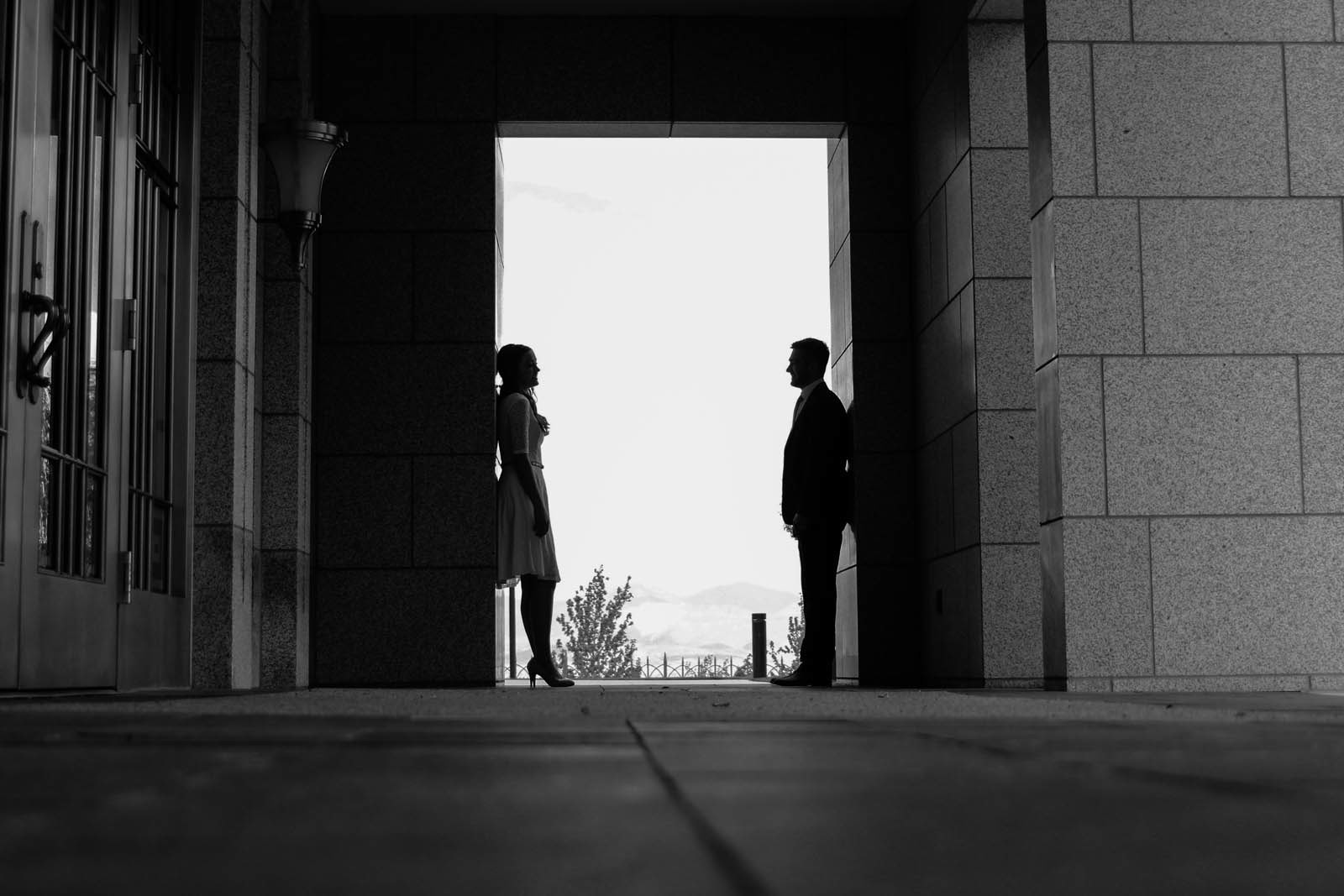 Silhouette of couple in grand hallway