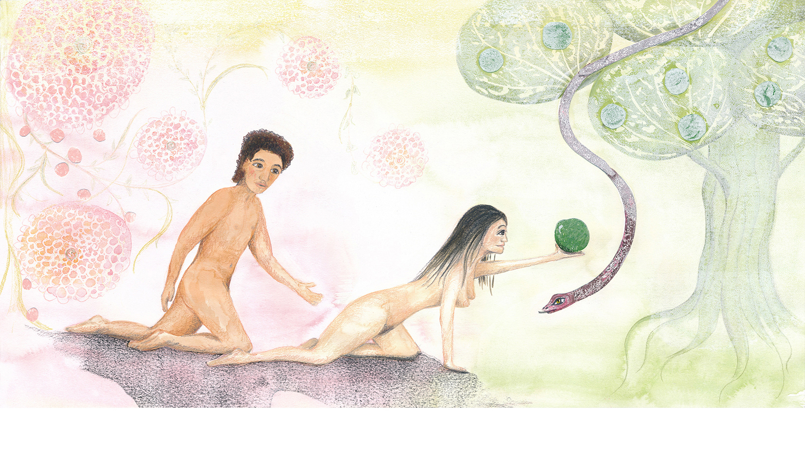 The temptation of the snake to eat the forbidden fruit.