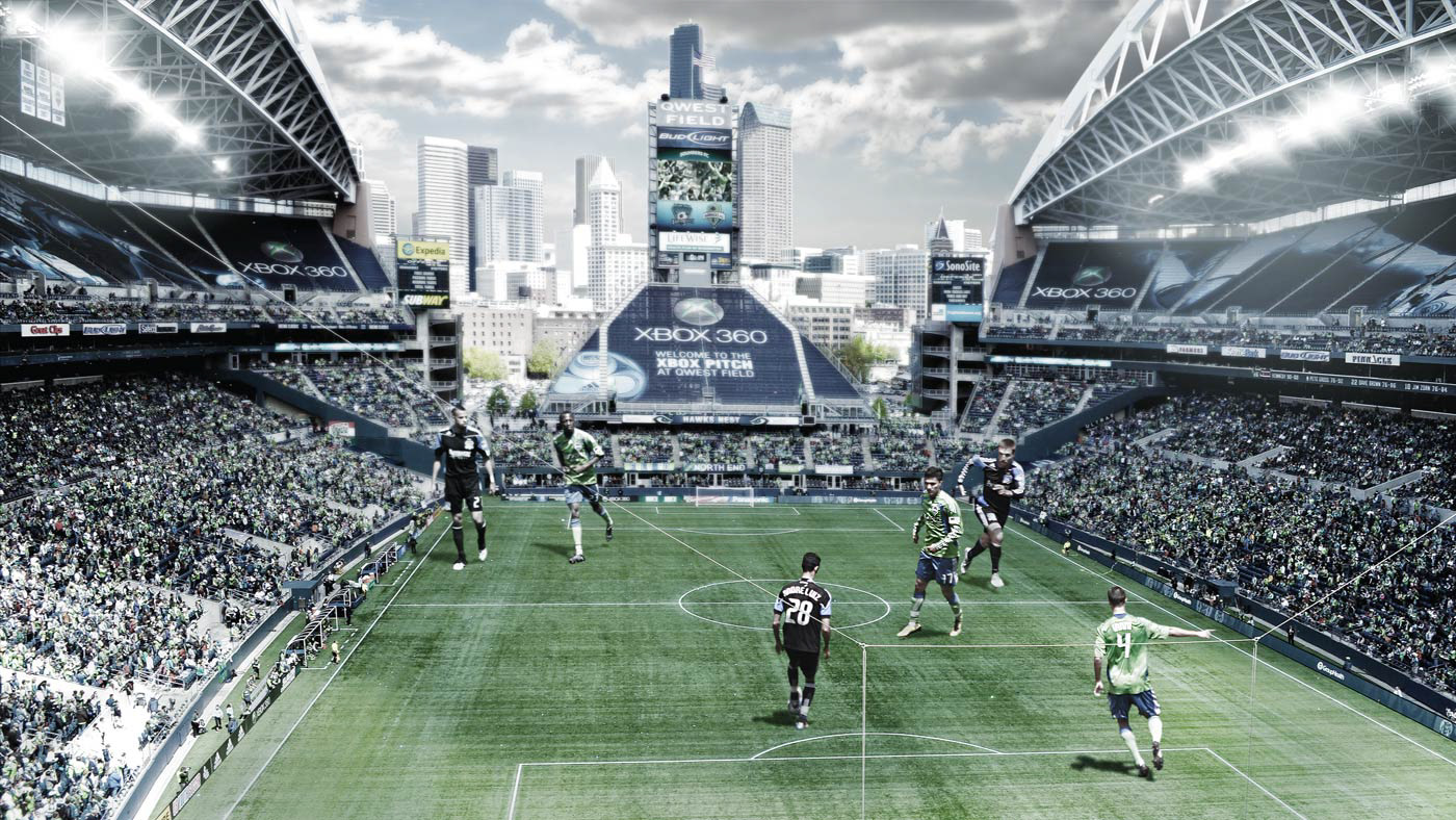 Six giant Seattle Sounders soccer players competing at Century Link field in front of a capacity crowd