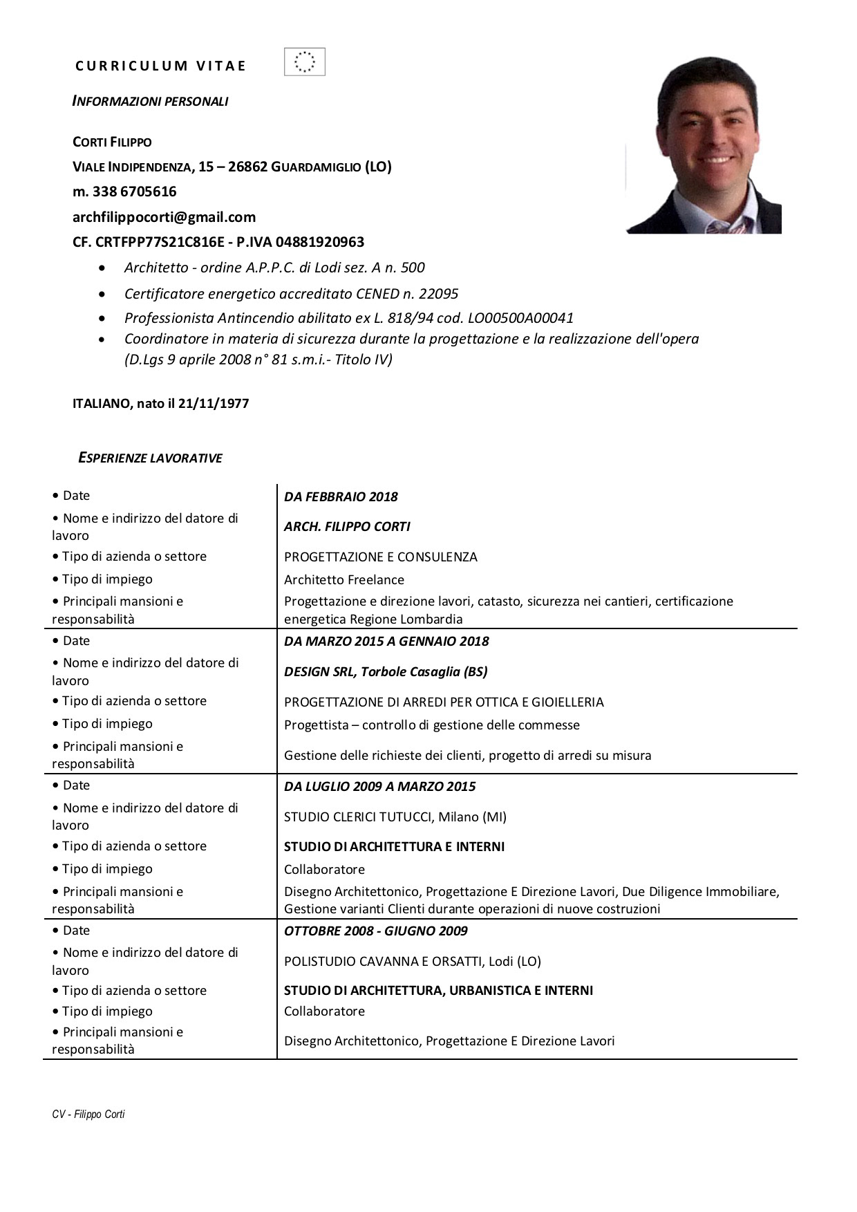 Filippo Corti - Curriculum professionale