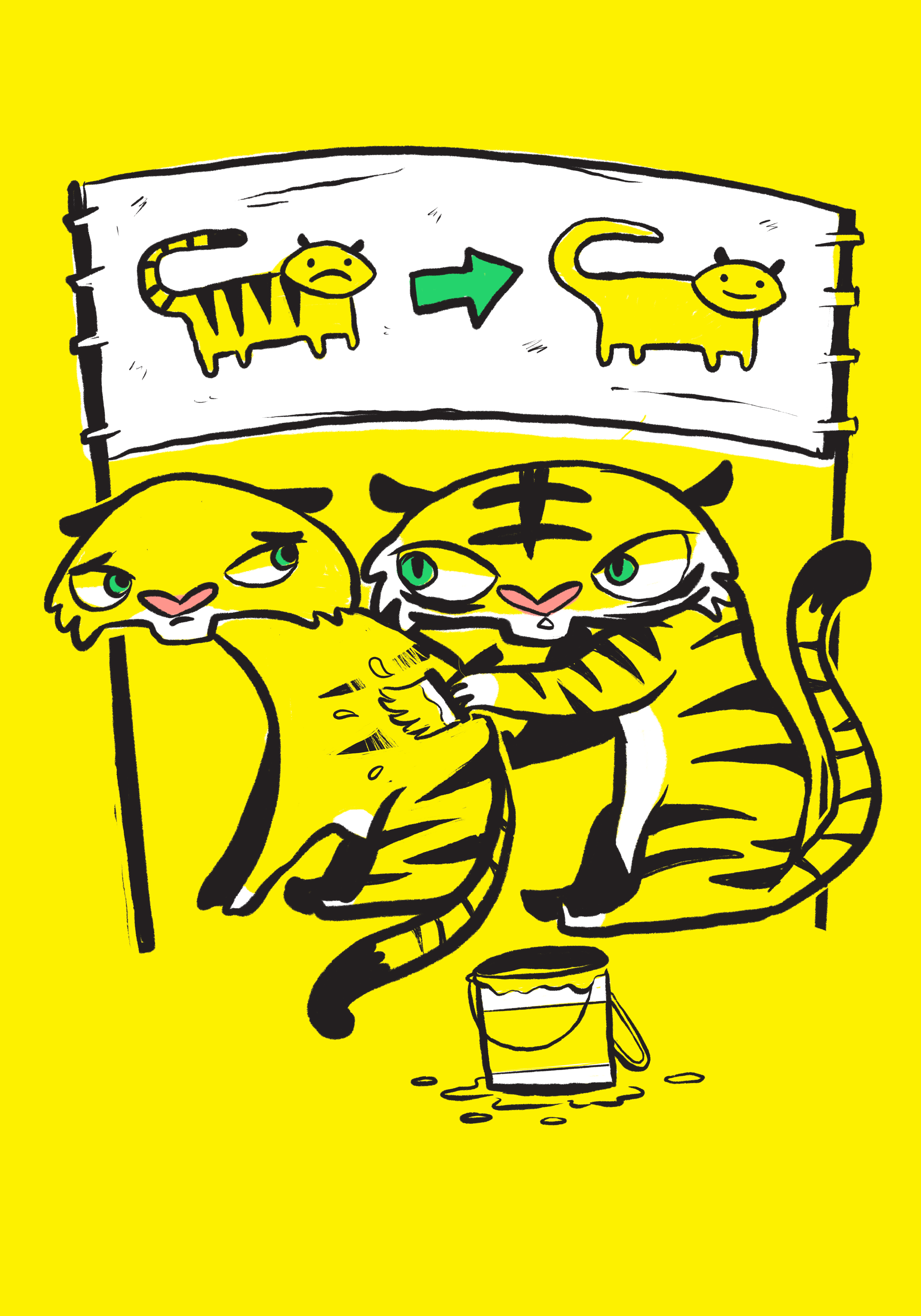 Concept art for endangered species from a tiger painting a unhappy tiger to cover it's stripes.