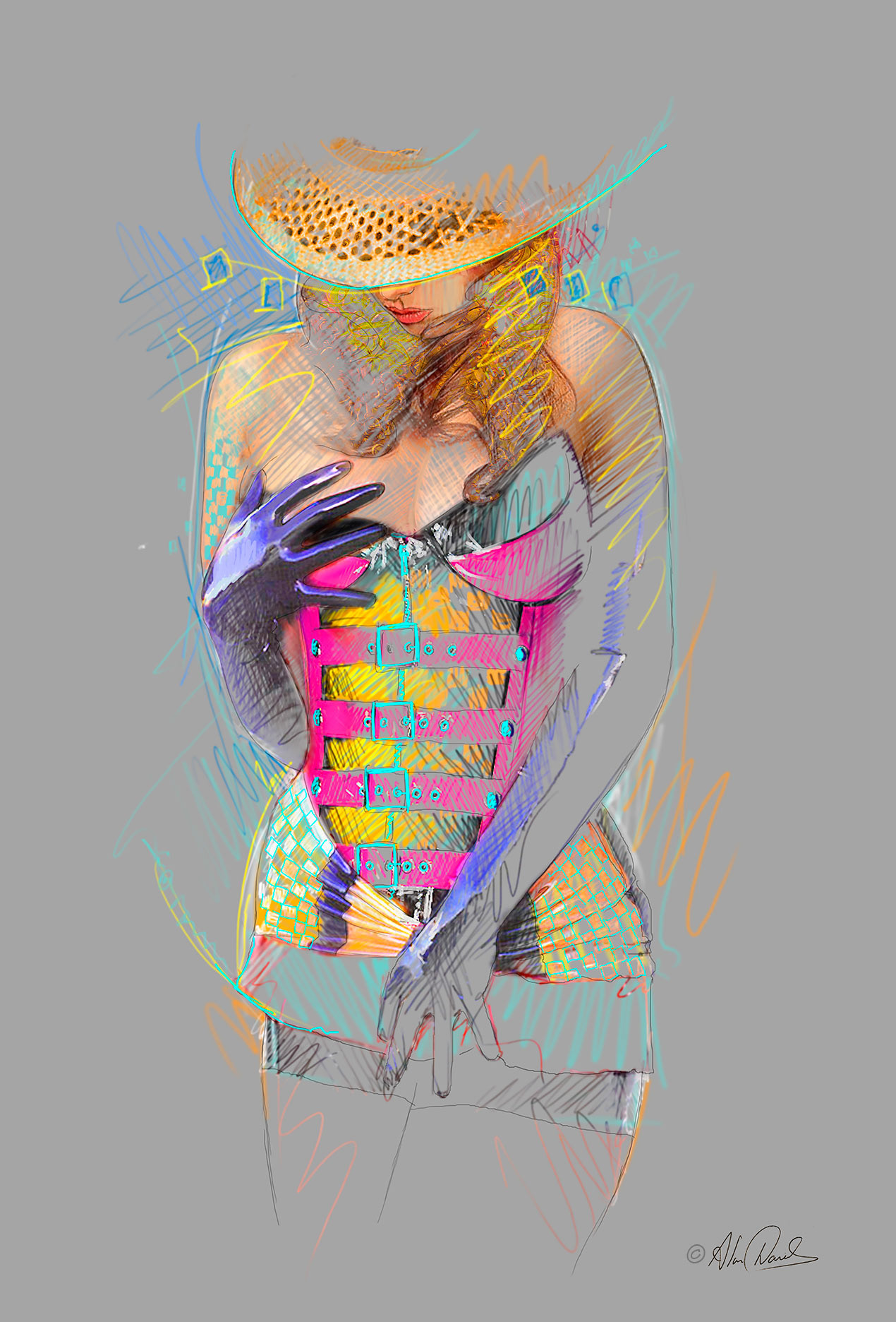 A aldy in a summer hat, black latex gloves and a pink corset looking downward.