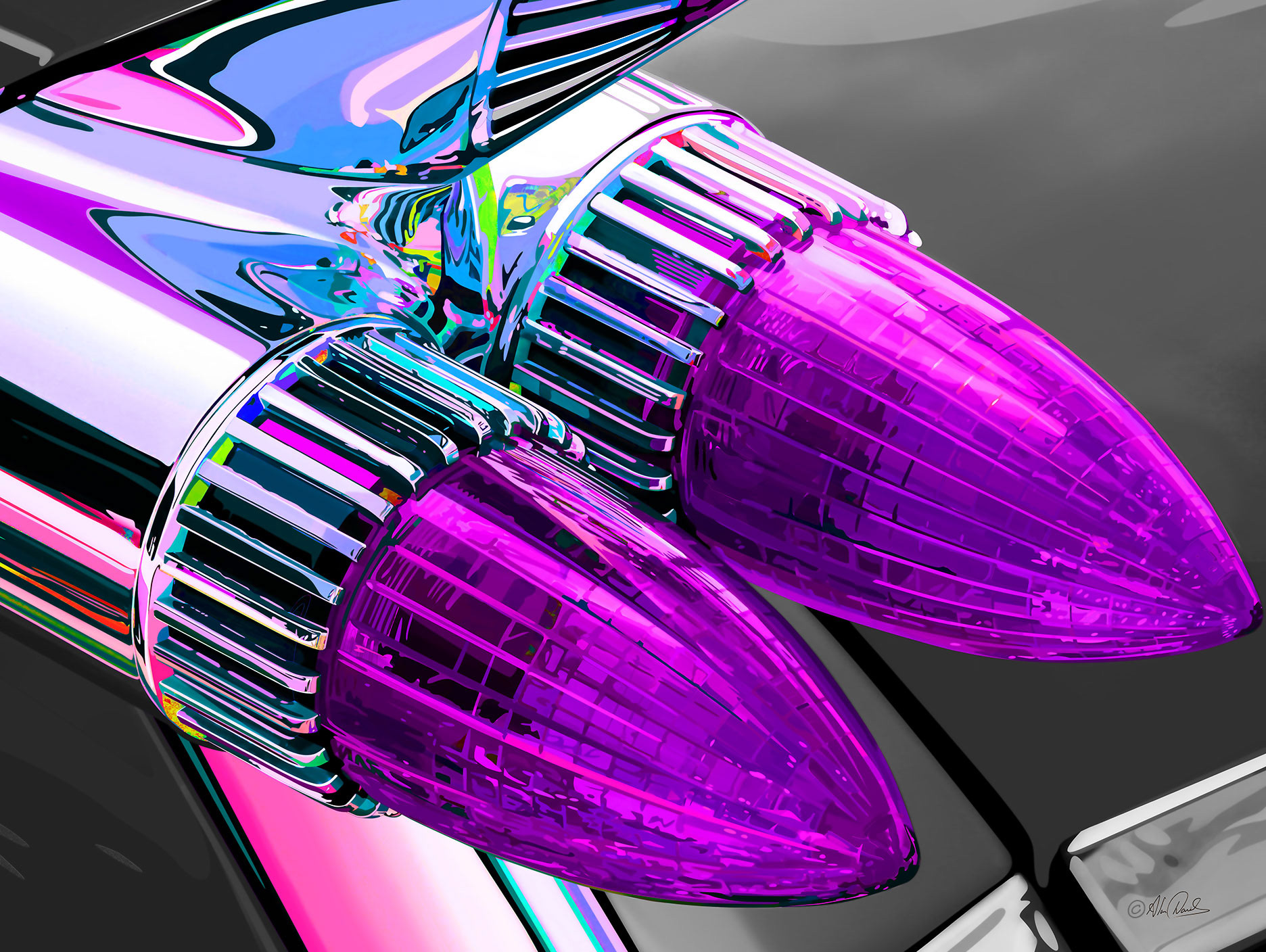 Cadillac rear lights with a forced color appearance, shiny chrome and polished plastic.