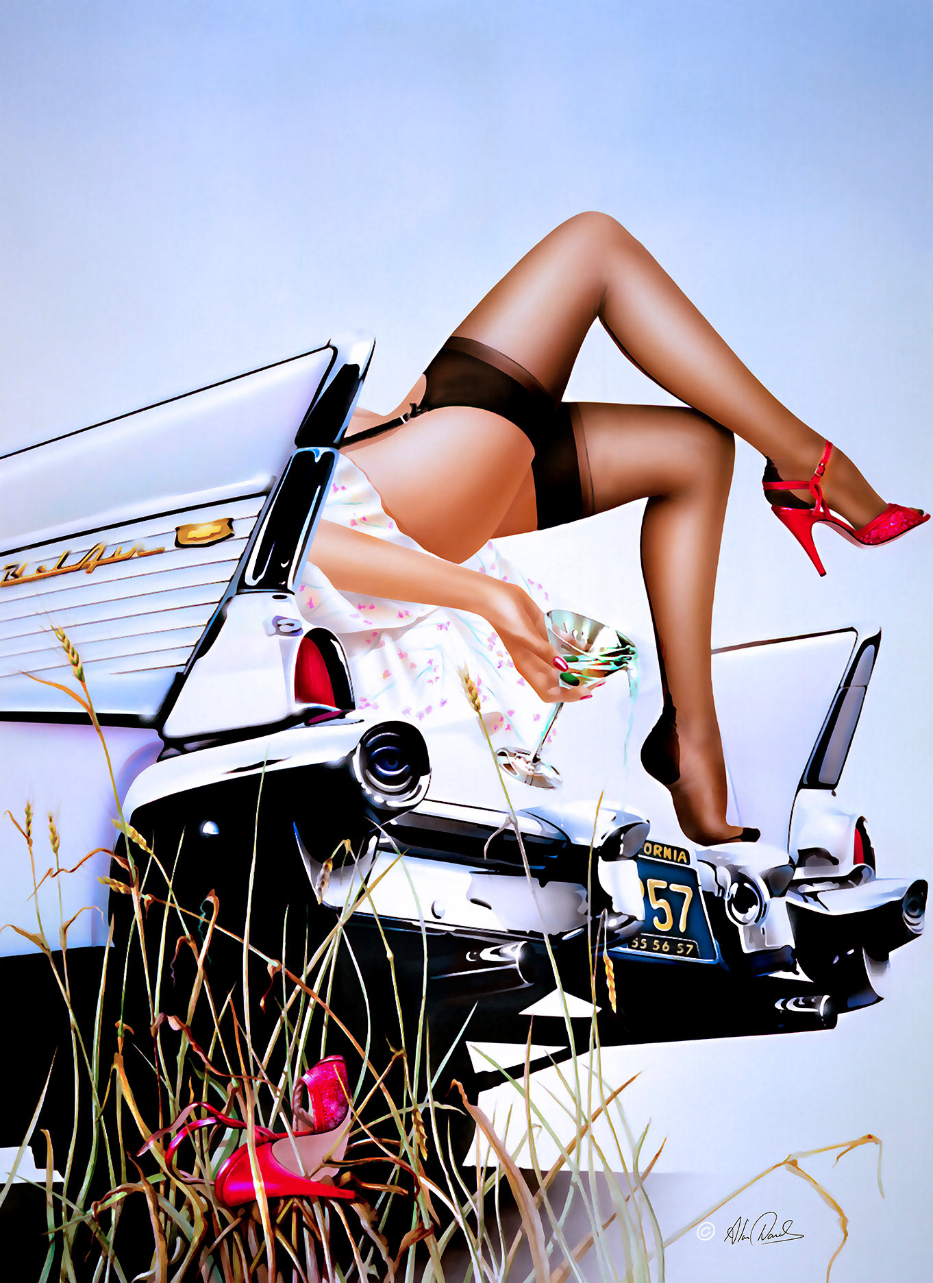 A girl on the trunk of a 1957 Chevrolet Belair, drinking a martini.