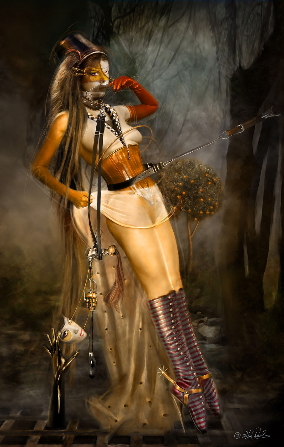 Tin Soldier is a lady in a leather corset, old military style hat, stripped high boots and a see through dress, red gloves and leaning back from a tree.