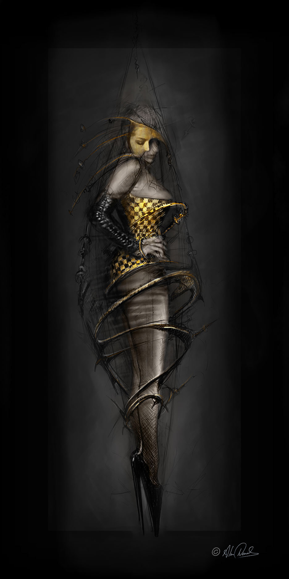 Gilda, the first of the apocalypticals wearing a gold leaf check corset , very high black shoes surrounded by brambles.