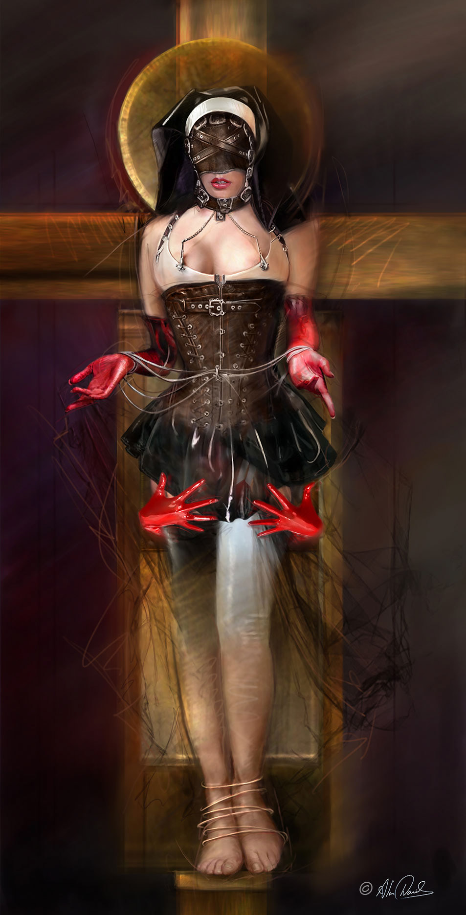 A Devotional Aspiration woman,  All caught up with their own perspective on life.Ltex gloves,, leather corset, face mask and tied feet.