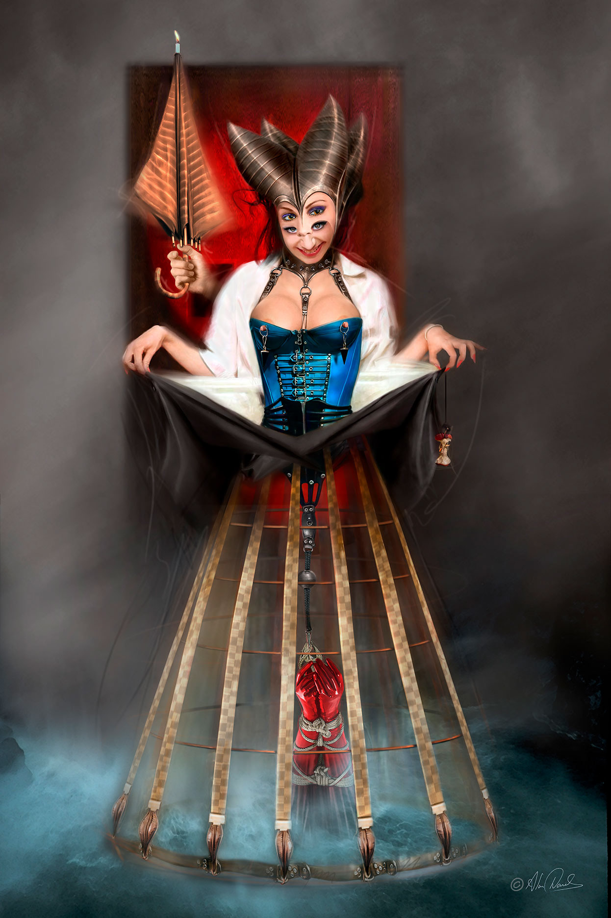 Malevolence is a lady holding up her dress, wearing a blue corset, a framed hoop skirt and carrying an apple core.