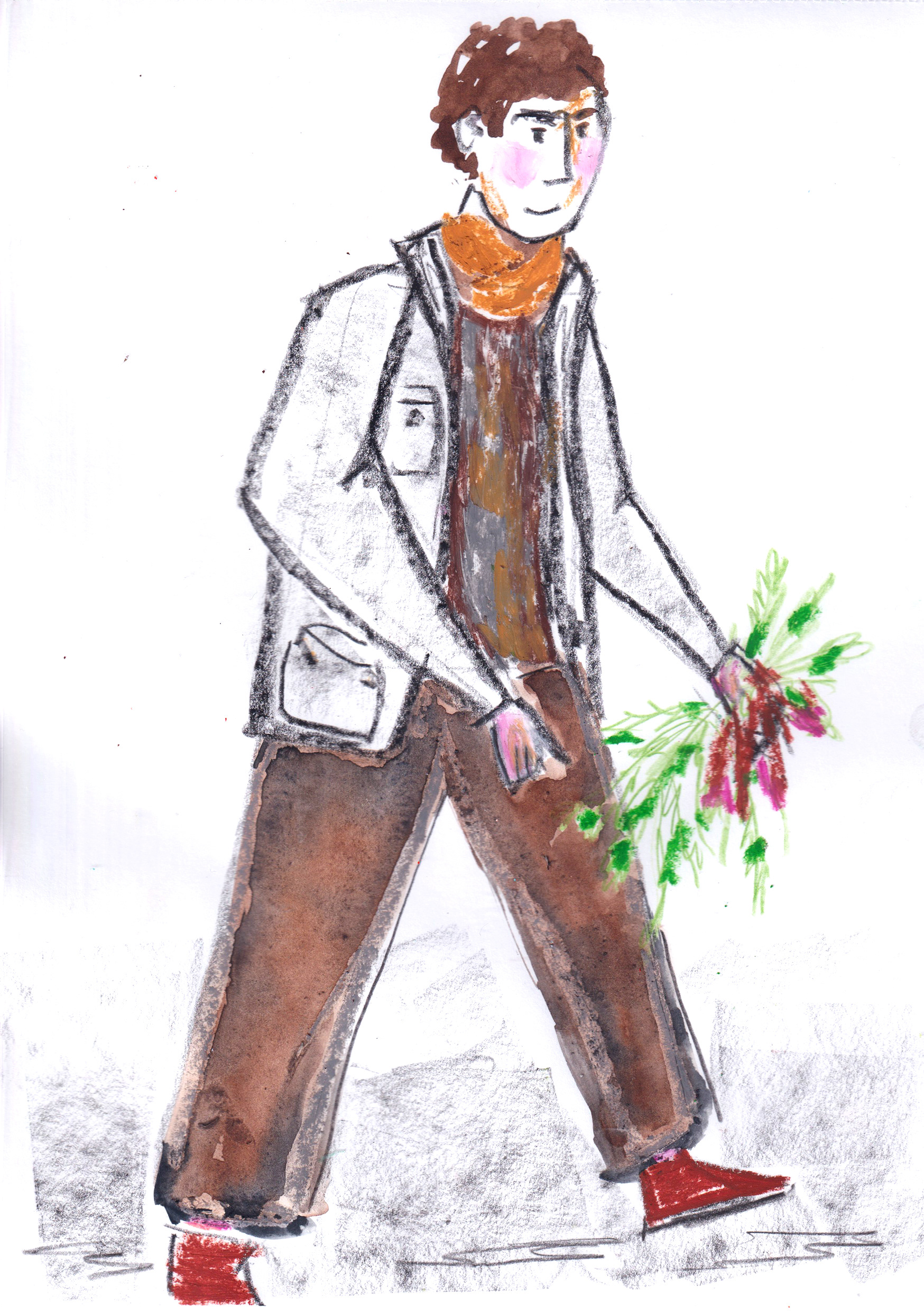 Conte, watercolour & oil pastel