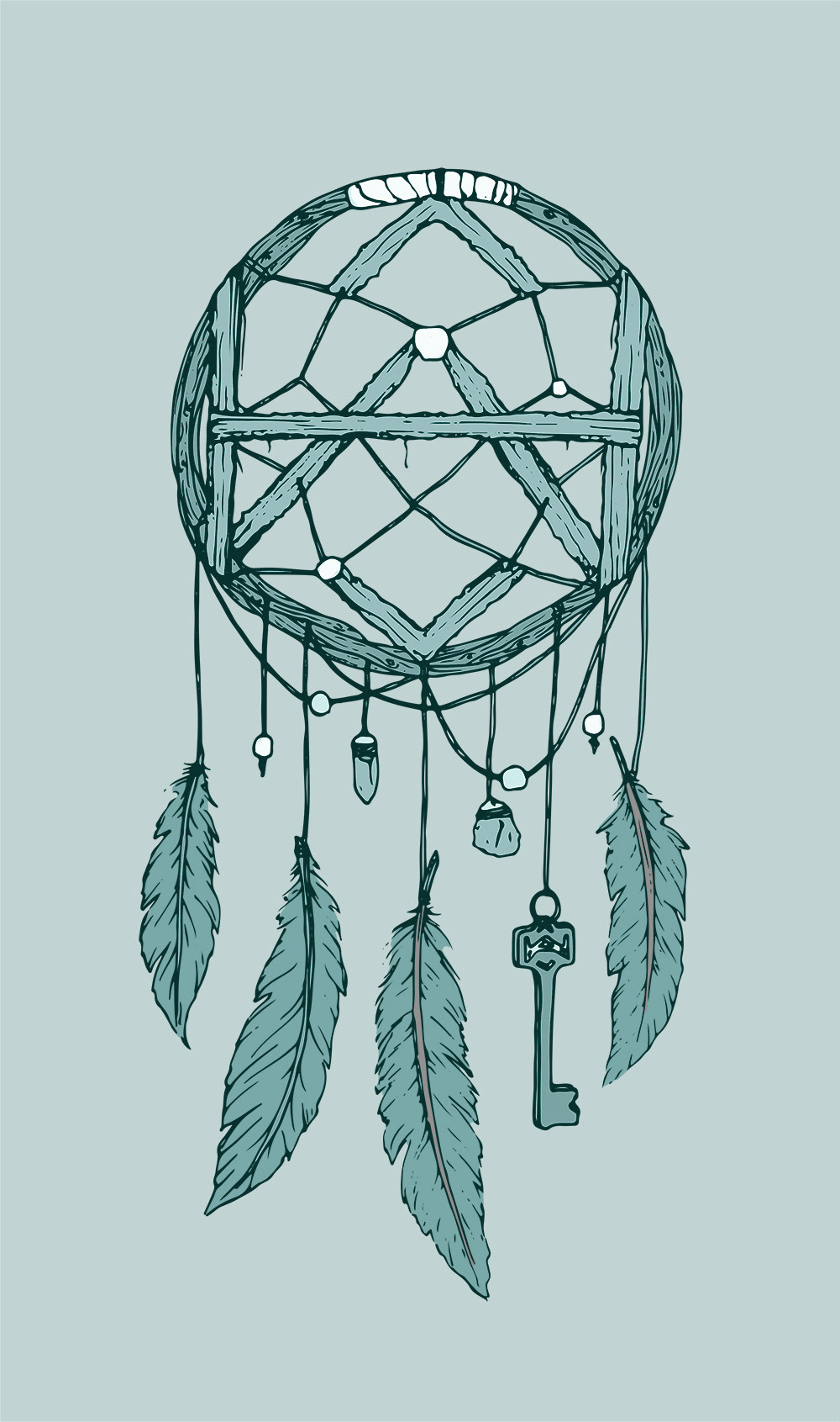 Turquoise illustration of a dreamcatcher with feathers, beads and a key hanging below