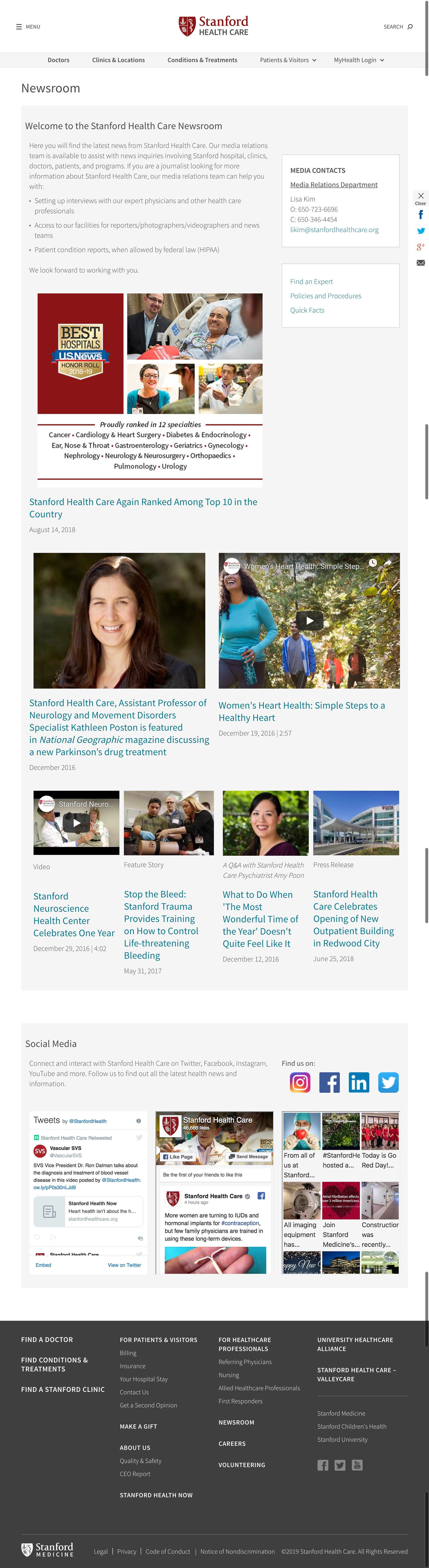 Old Stanford Health Care Newsroom Landing Page before the Redesign