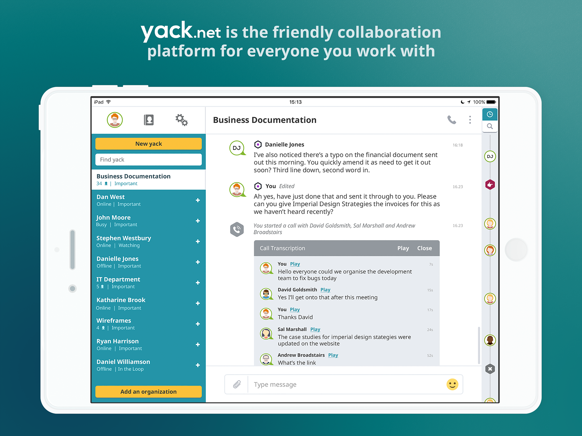 Yack.net iPad app displaying conversation with call transcription