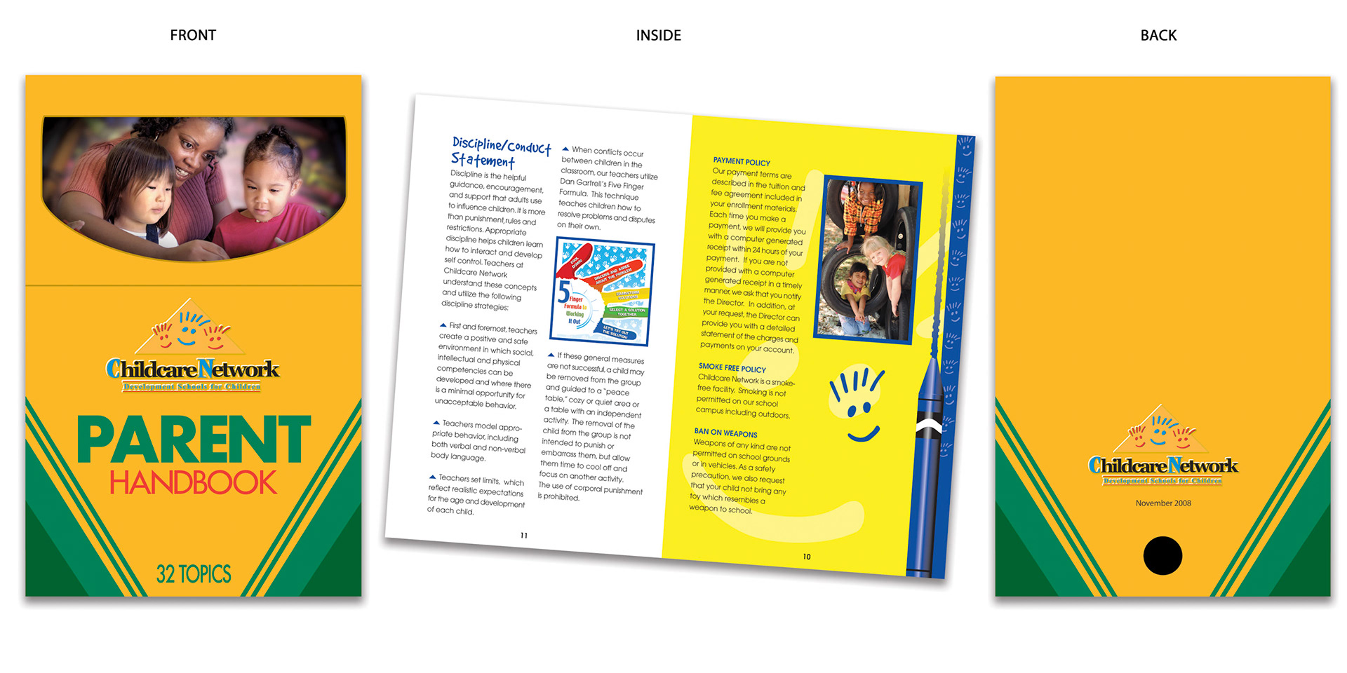 Childcare Network handbook design, embracing the playful look of color crayons.