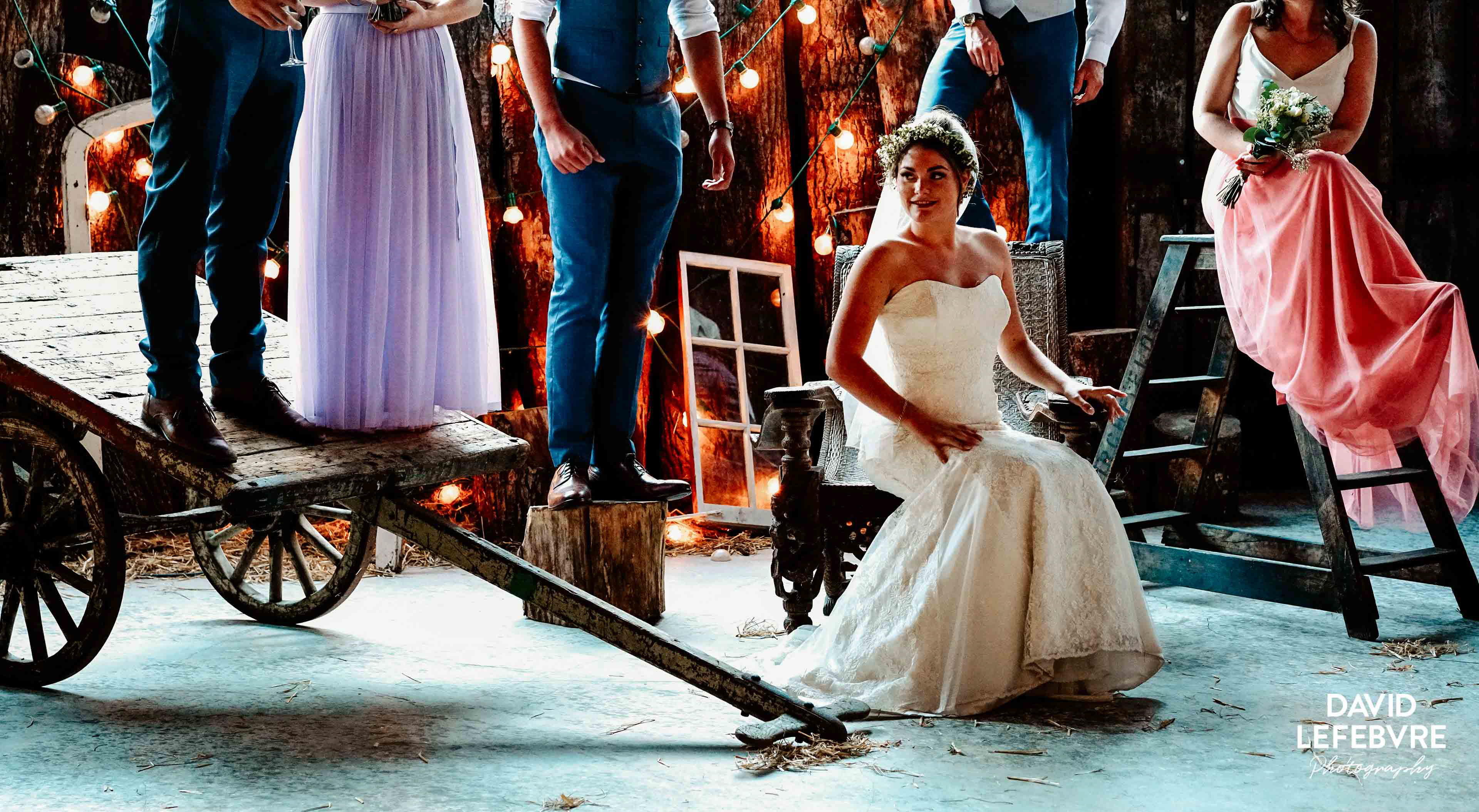 bride looking aprehensive of arranged photograph at owen barn house wedding venue