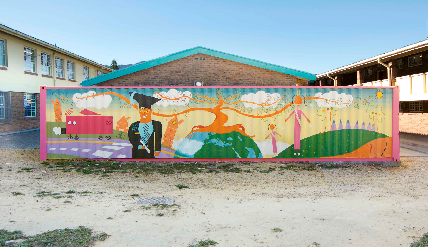 CONTAINER PROJECT enlarged collage of drawings of the winners of the Groendal Primary School Art Competition 2019 at Franschhoek, South-Africa, PVA-paint on steel.