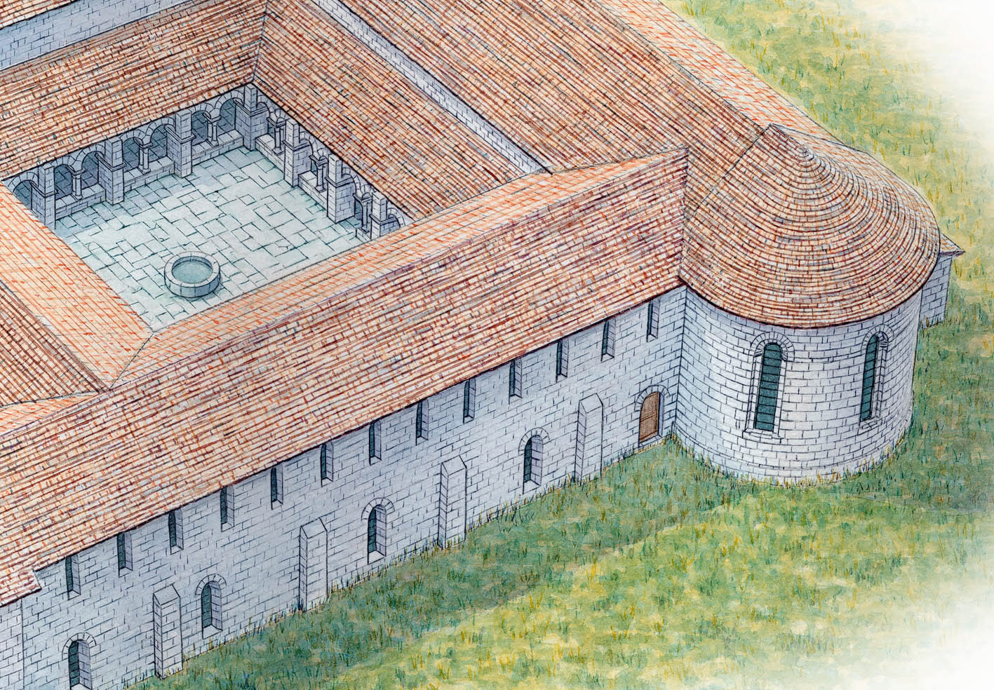 Monastery reconstruction - pencil & watercolour
